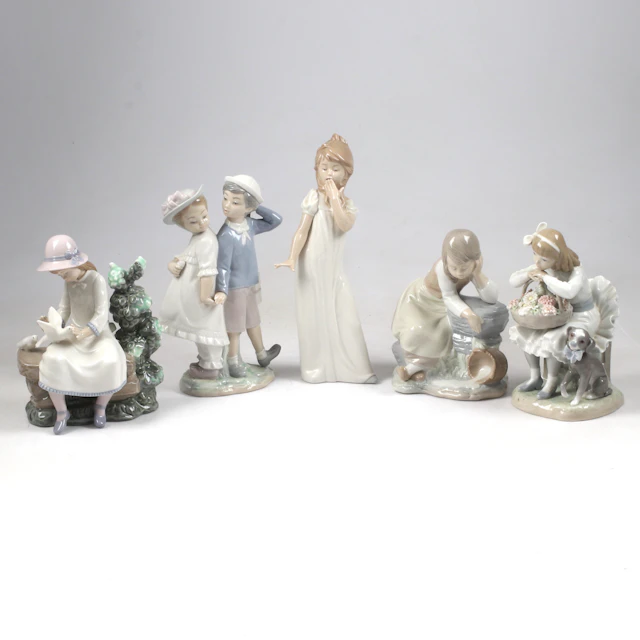 FIGURINER, 5 st, porslin, Lladro & Nao, Spanien, 1900-talets andra hälft.