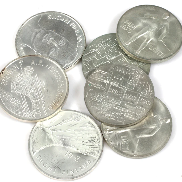 SILVERMYNT. 7 st. bl.a. 10 Euro, Finland. 19/2000-tal.