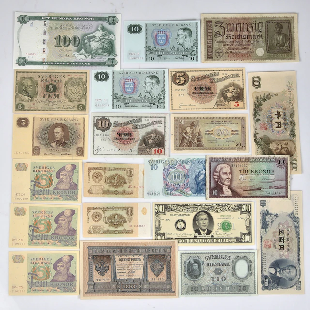 SEDLAR. 21 st. bl.a. 100 kronor Jubileum. 19/2000 tal.