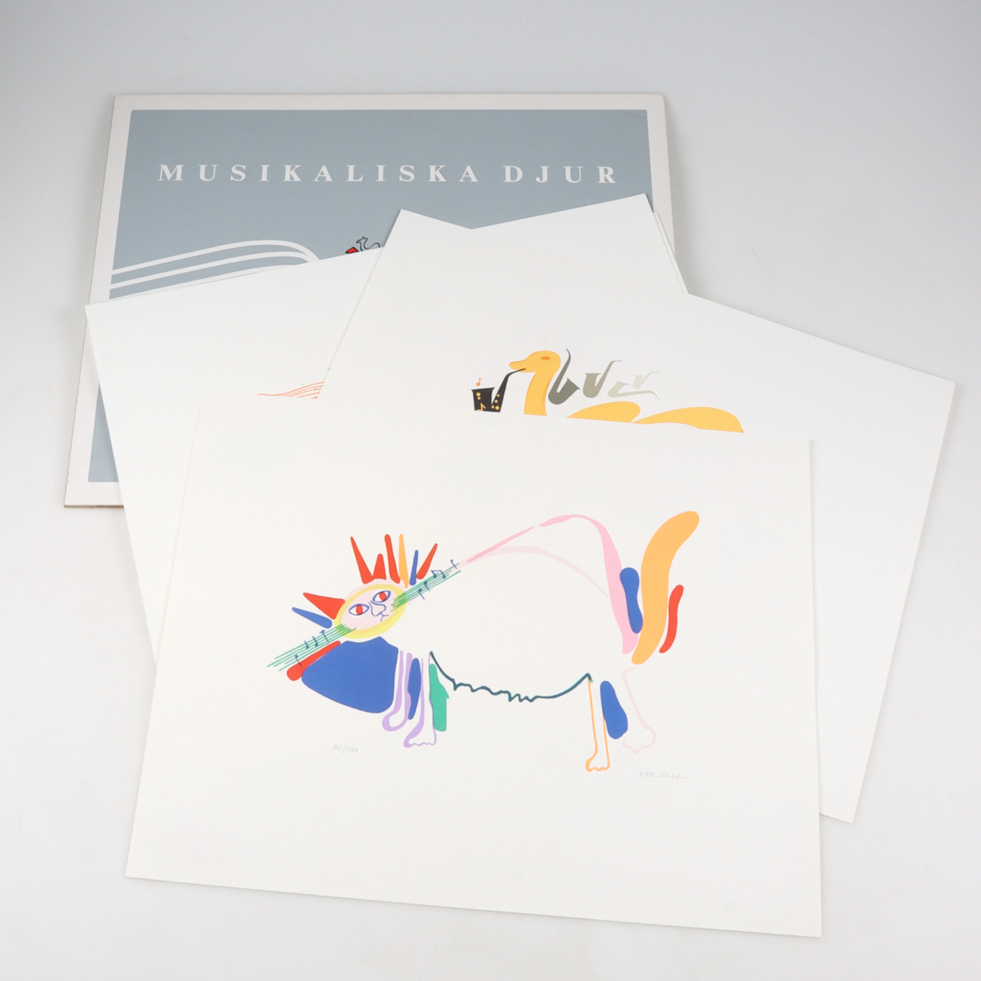 KJELL LÖNNÅ. "Musikaliska djur", mapp 4 st litografier, signerade