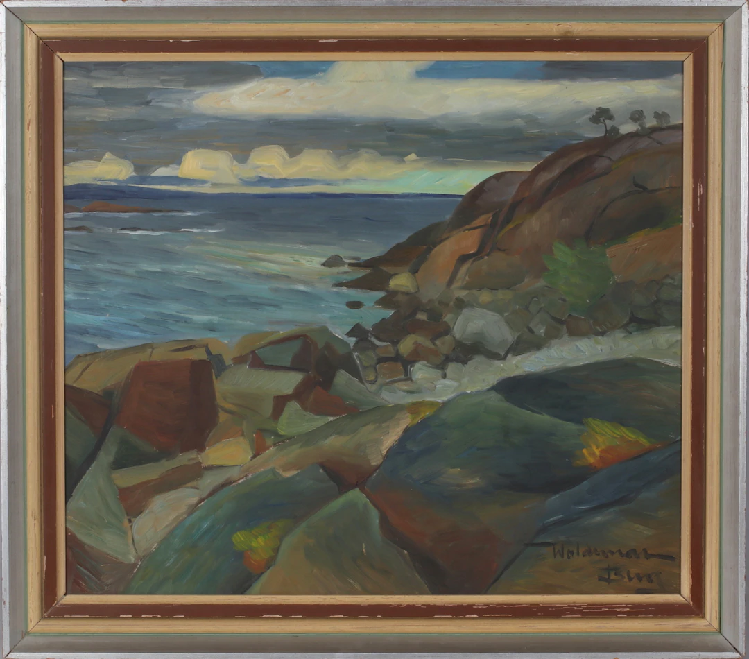 WALDEMAR BERG. Kustlandskap, olja på pannå, signerad.