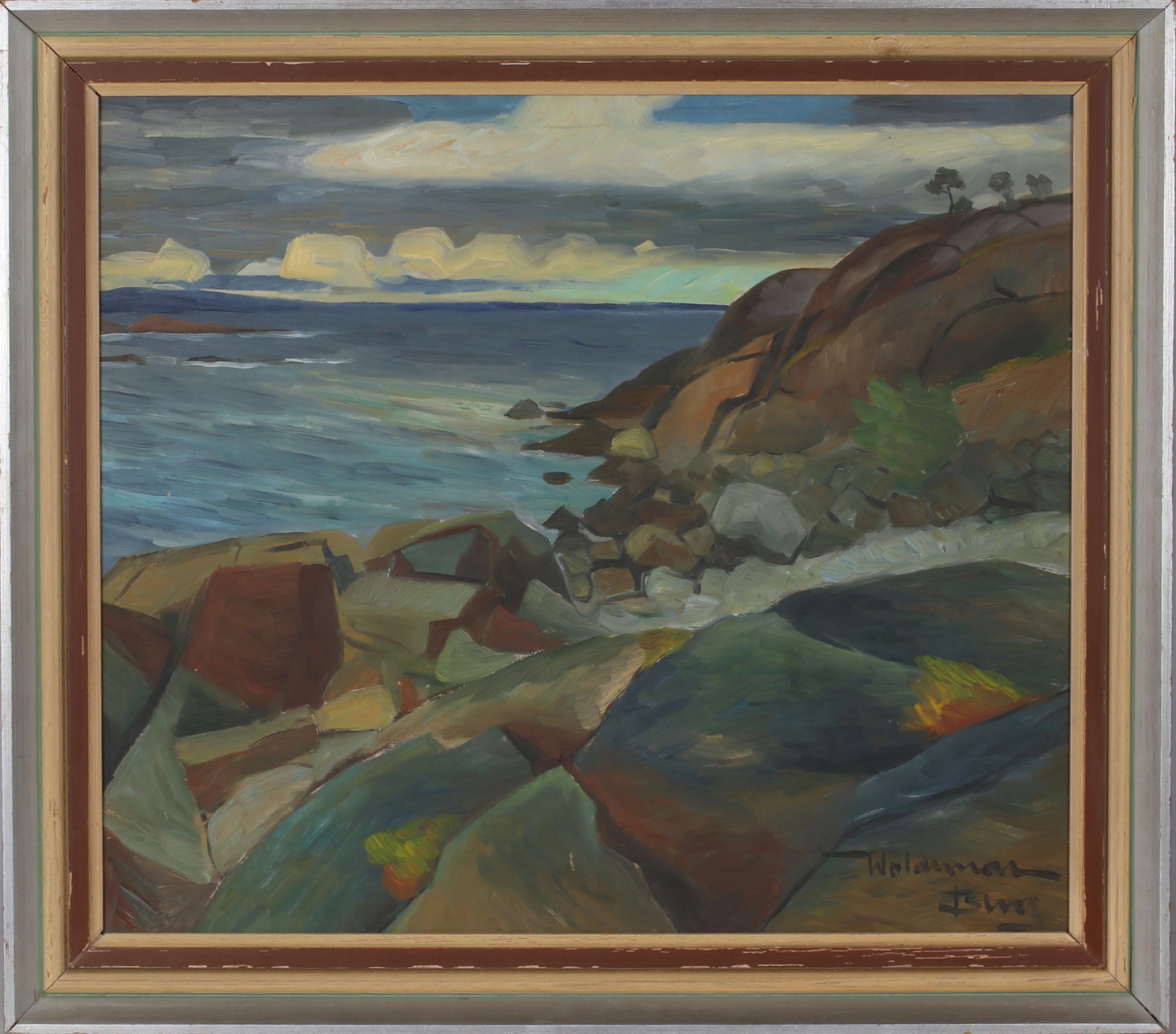 WALDEMAR BERG. Kustlandskap, olja på pannå, signerad.