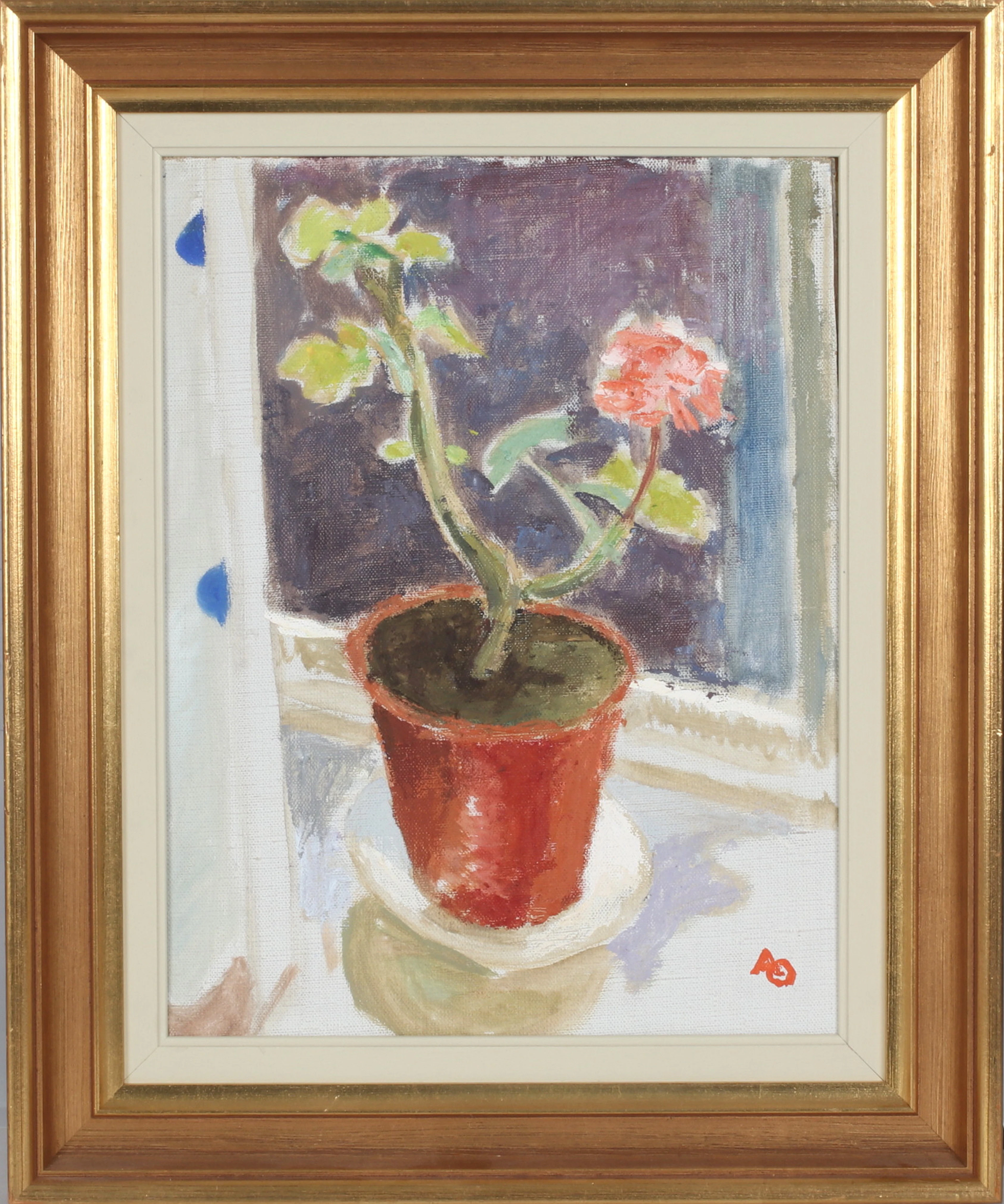 ADOLF OLSSON. "Pelargon", olja på pannå, monogramsignerad.