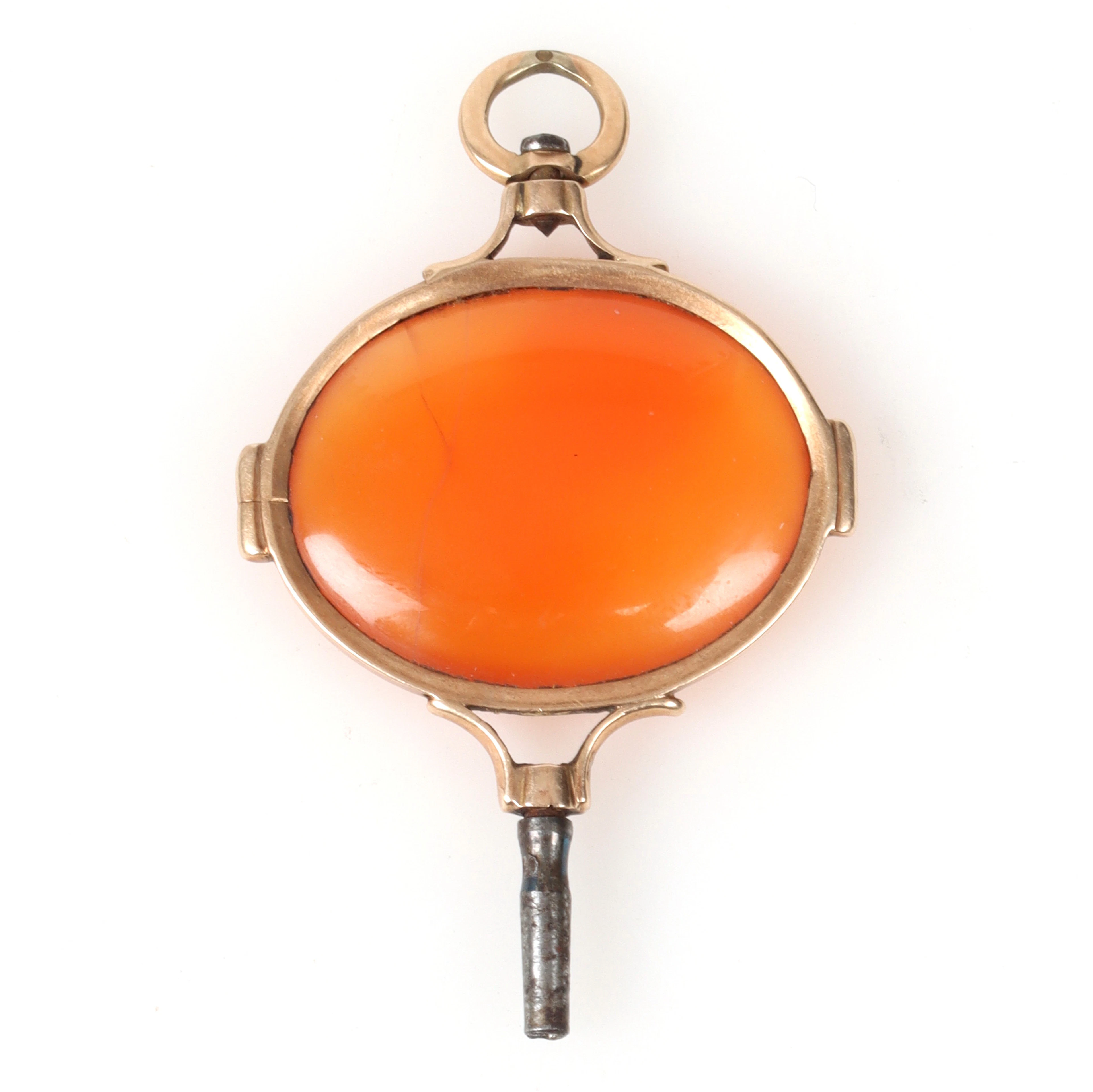 KLOCKNYCKEL, 14k guld, med karneol. 1800-tal.