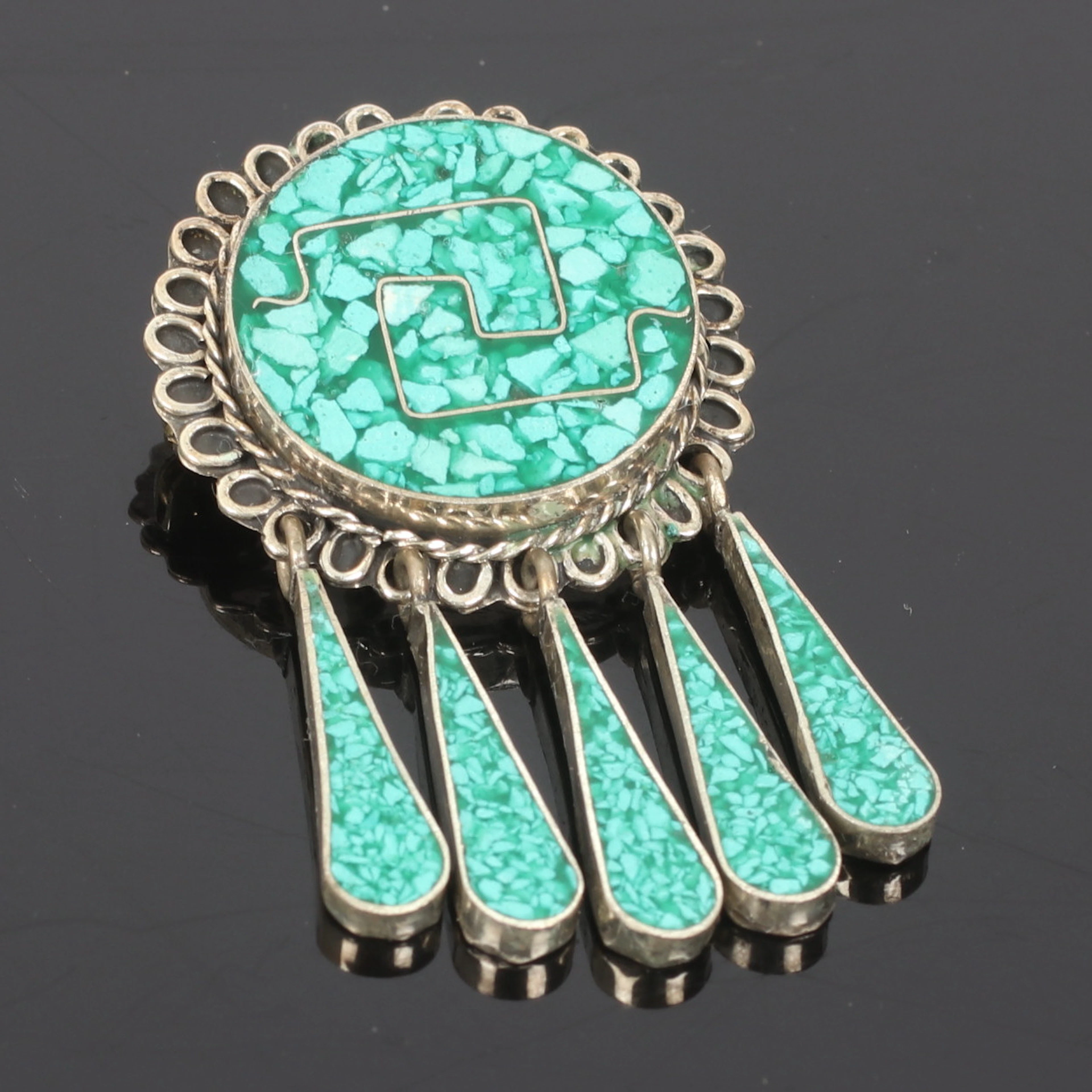 BROSCH, Sterling silver, med turkoser, Taxco, Mexico. 1900-tal.