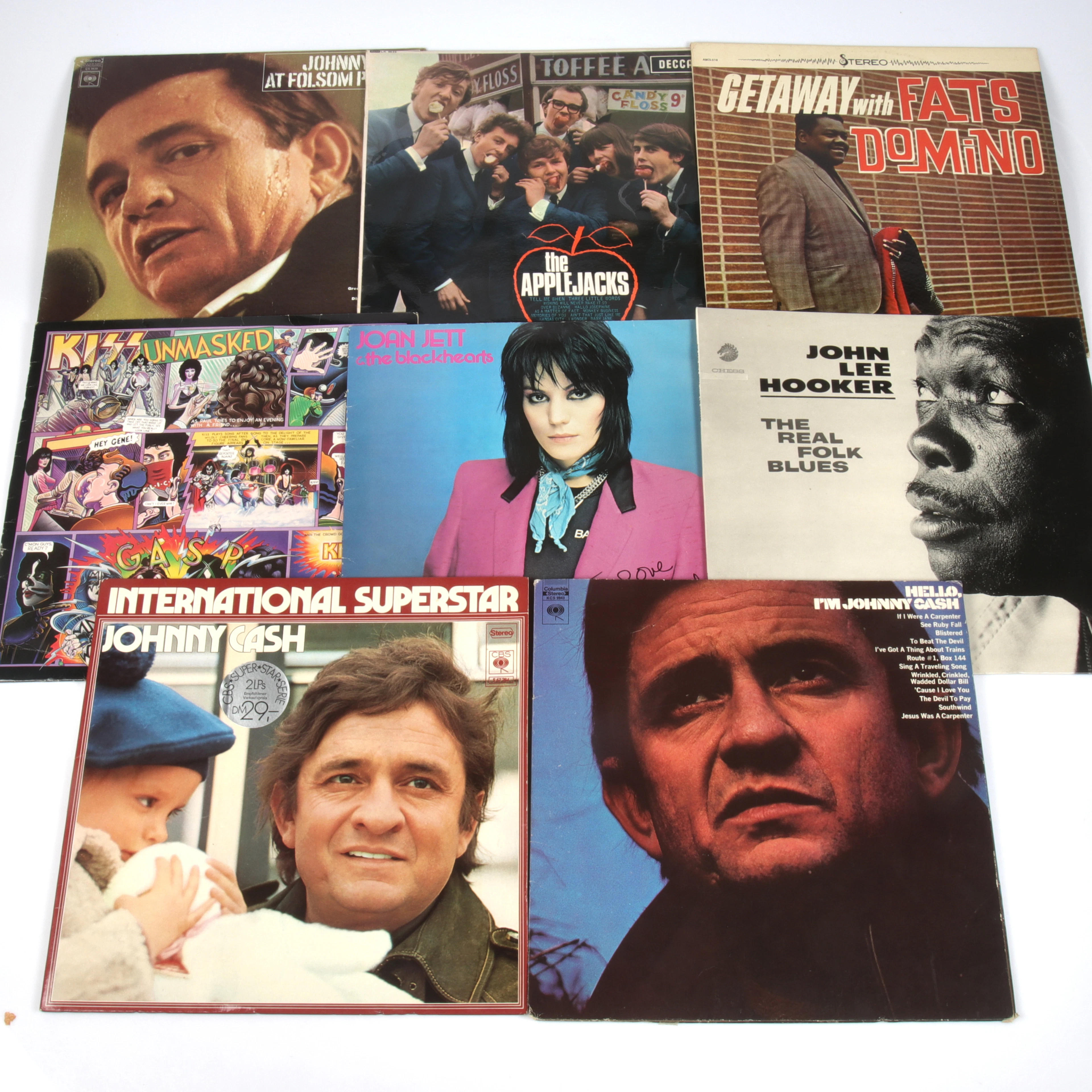 LP-SKIVOR, 8 st, bl.a. Applejacks, Fats Domino, Kiss, Johnny Cash mfl.