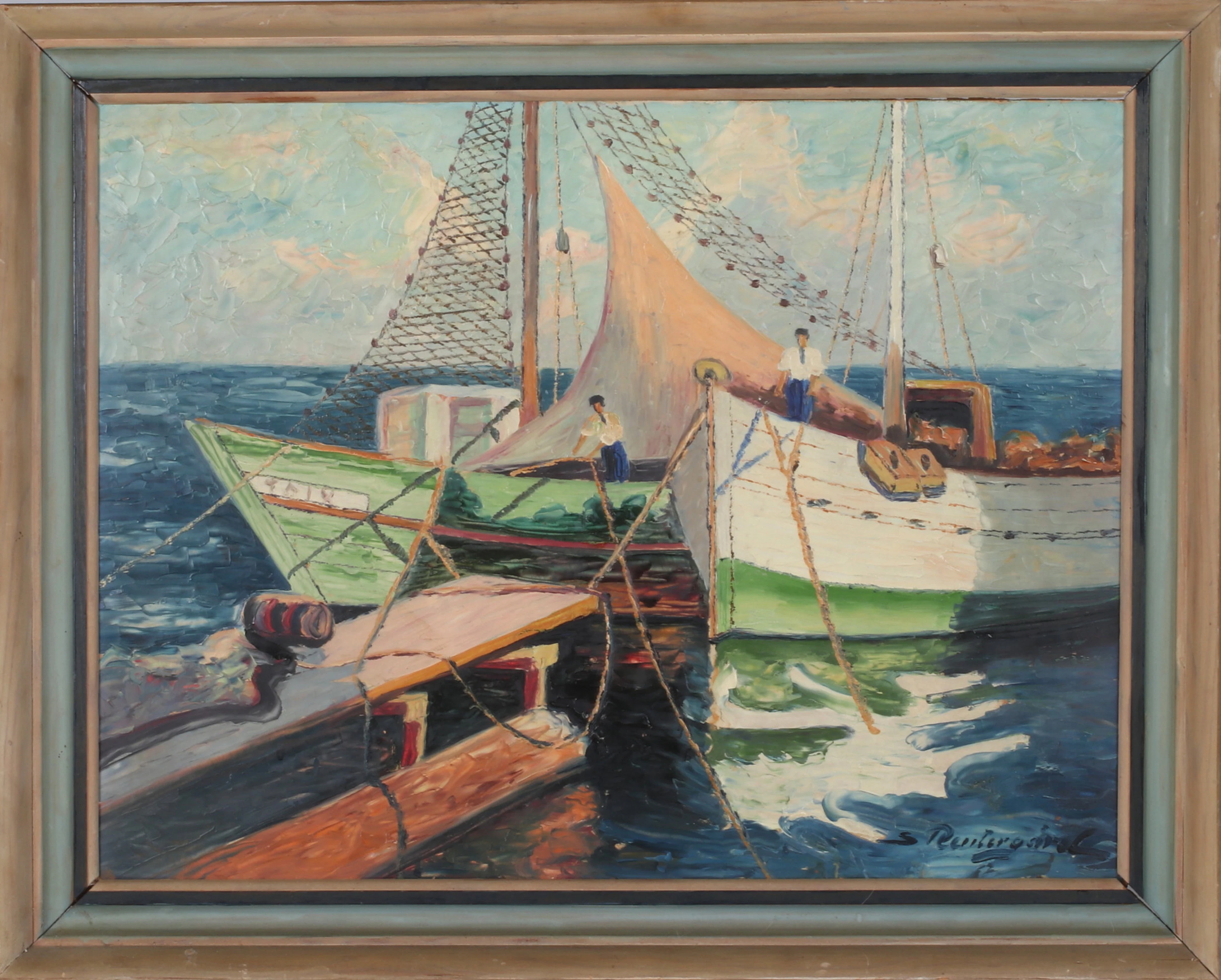 JAN SIGFRID ALFONS CARLSSON. Fiskebåtar, olja på pannå, signerad S. Reutergård.