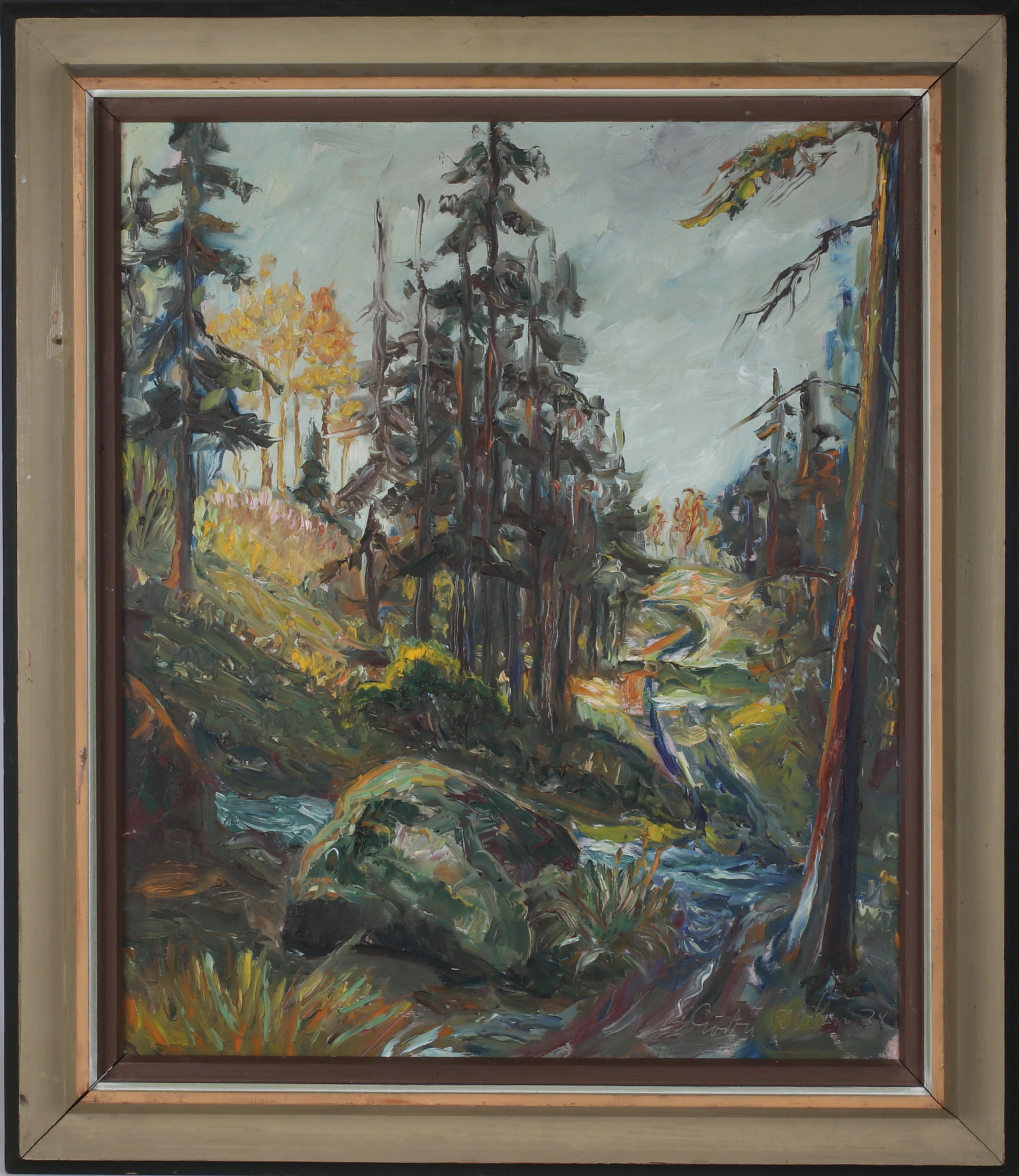 GÖSTA BOHM. Skogsbäck, olja på pannå, signerad.