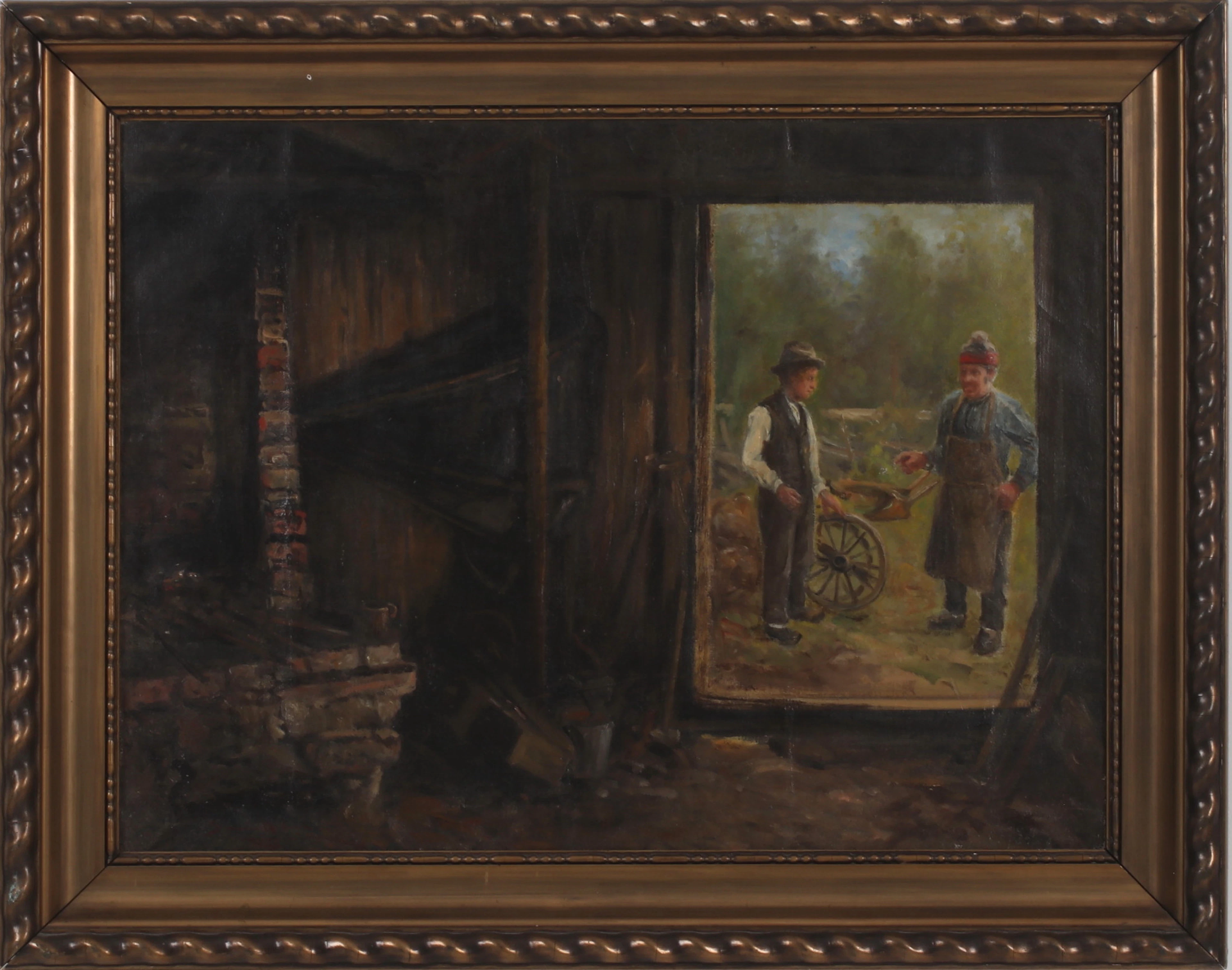 SEVERIN NILSSON. "Samtal vid smedjan", olja på duk, signerad.