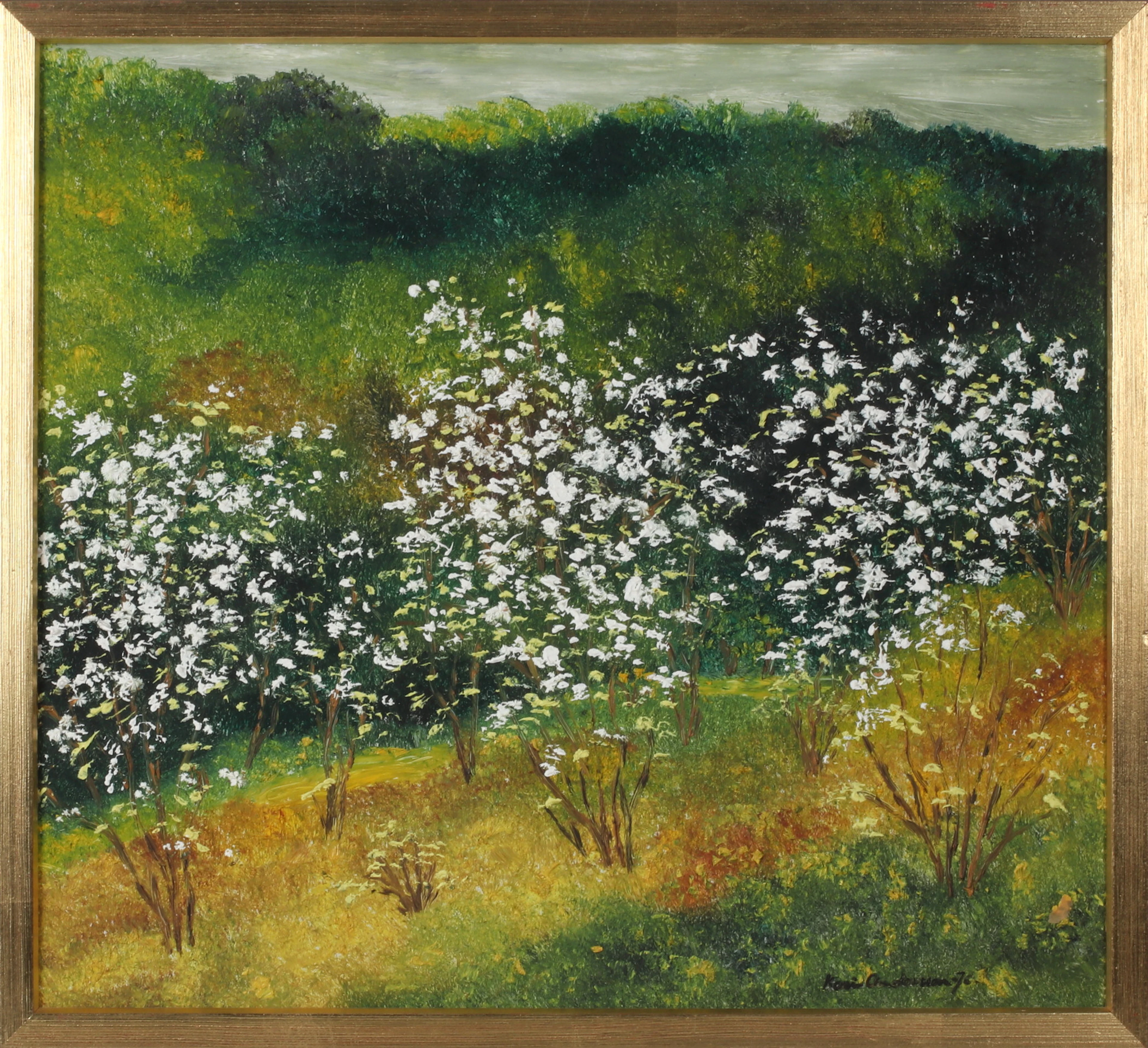 KARIN ANDERSSON. Blommande träd, olja på pannå, signerad.
