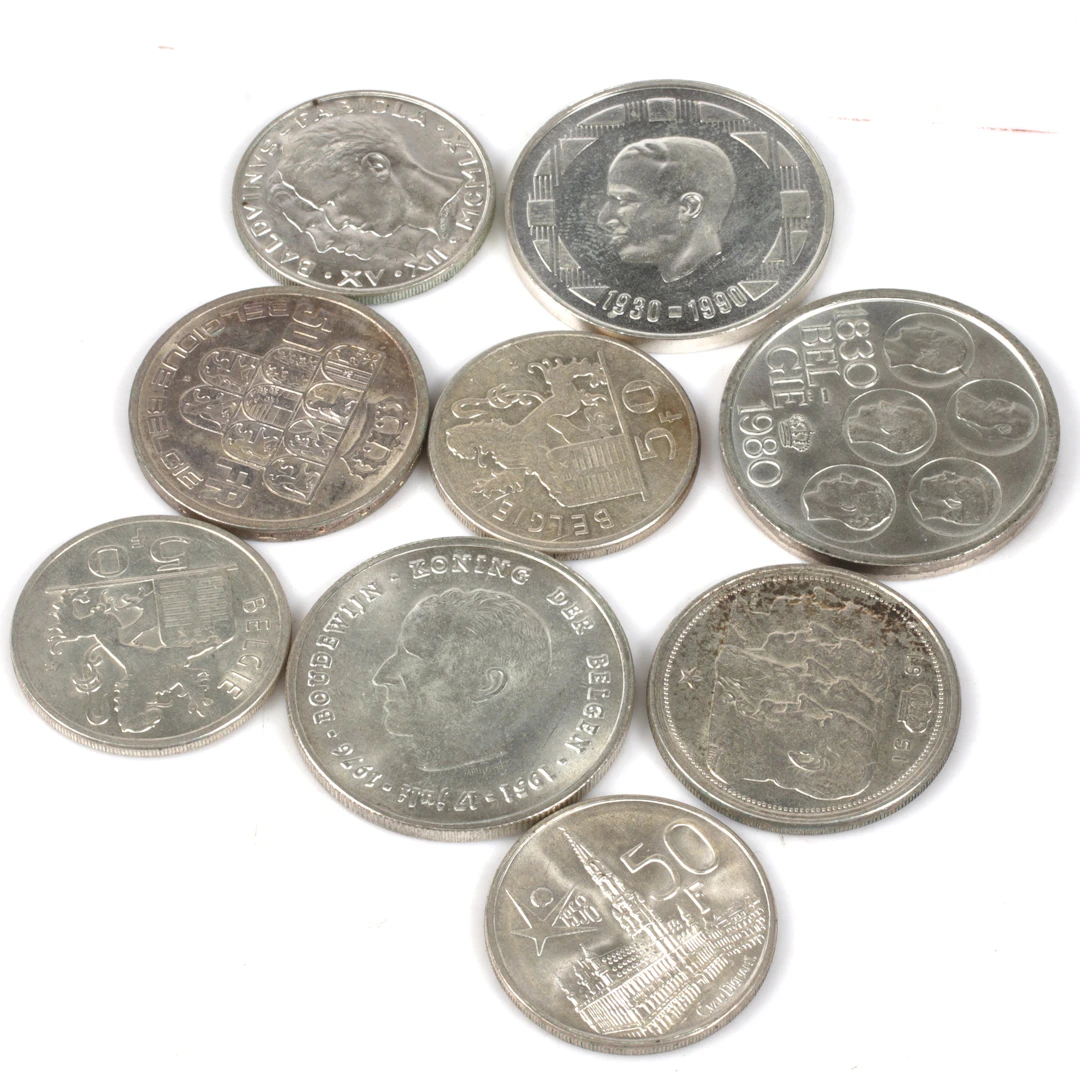 SILVERMYNT. 800/1000, 9 st. bl.a. 500 Franc, Belgien. 1900-tal.