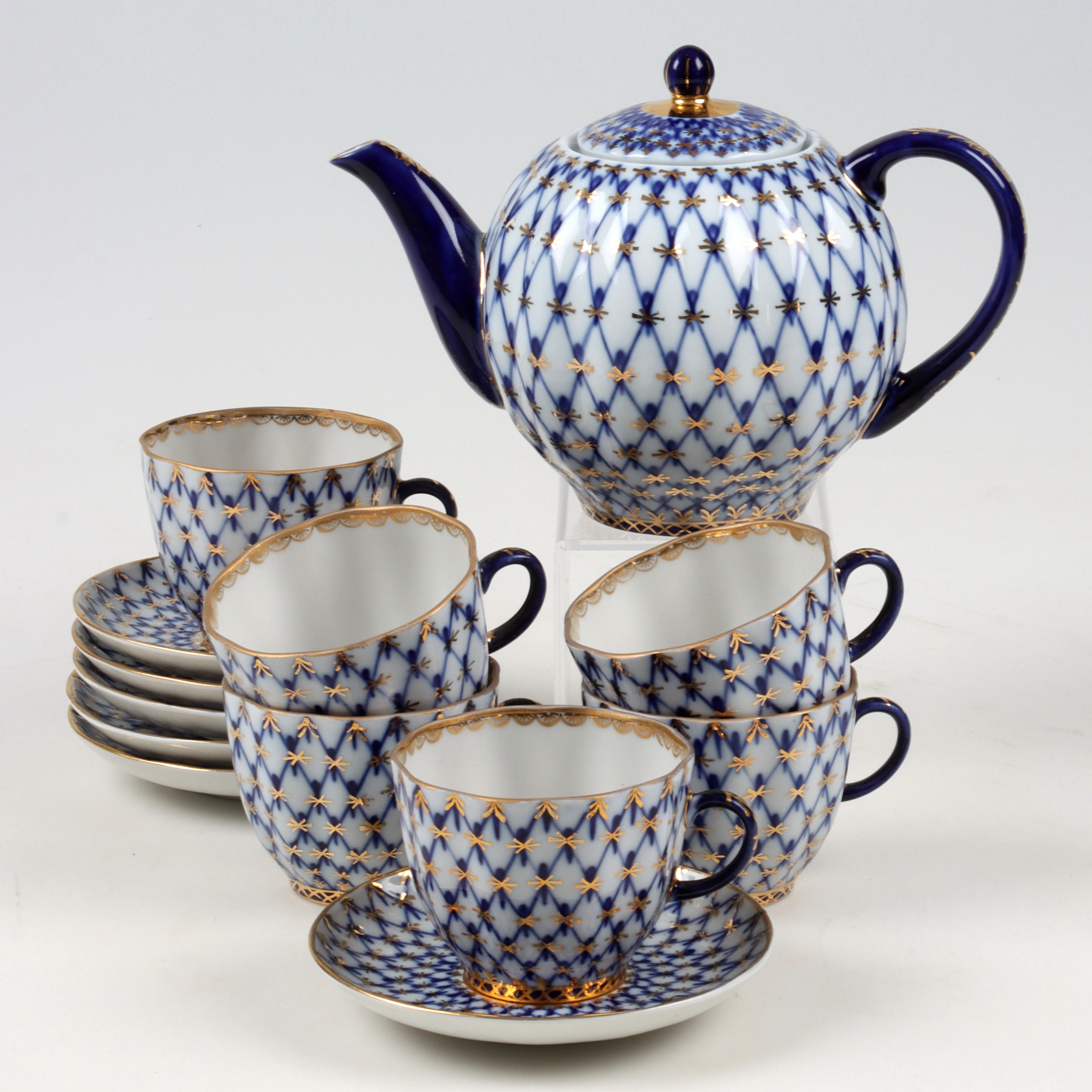 KAFFESERVIS, 13 delar, "Cobalt net", porslin, Lomonosov, Ryssland