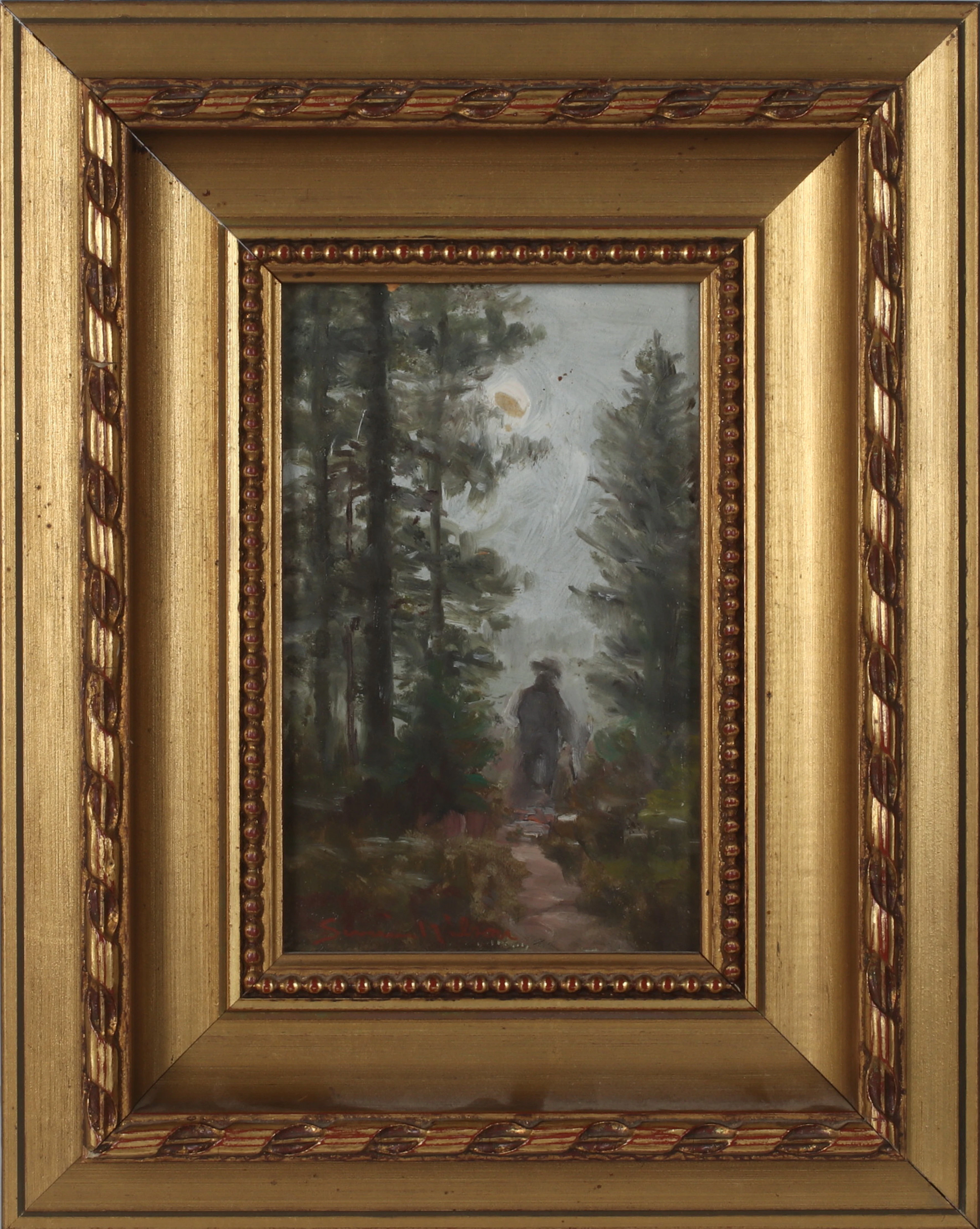 SEVERIN NILSSON. Figur i skogslandskap, olja på pannå, signerad.