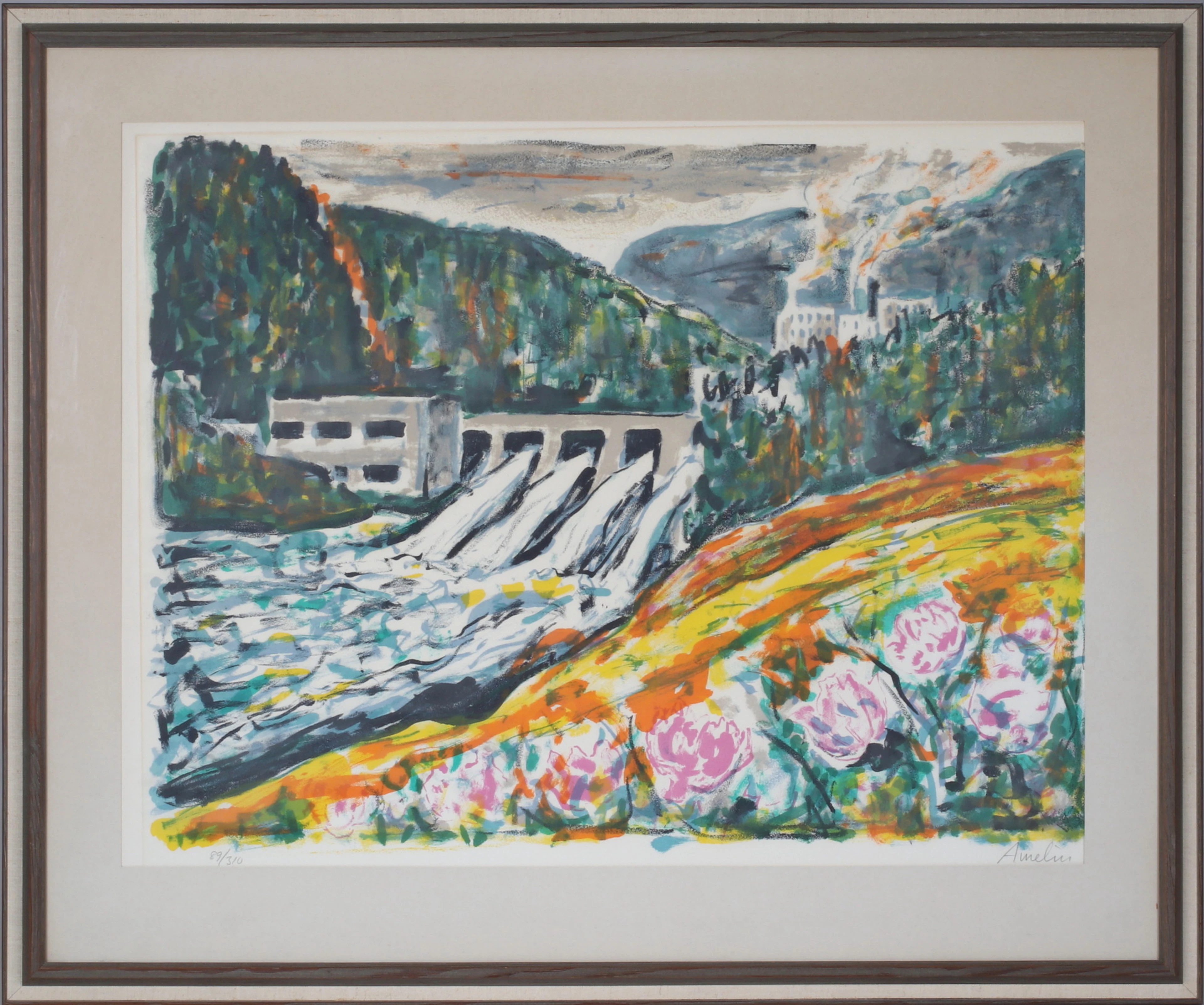 ALBIN AMELIN. Landskap med kraftverk, litografi, signerad och numrerad 89/310.