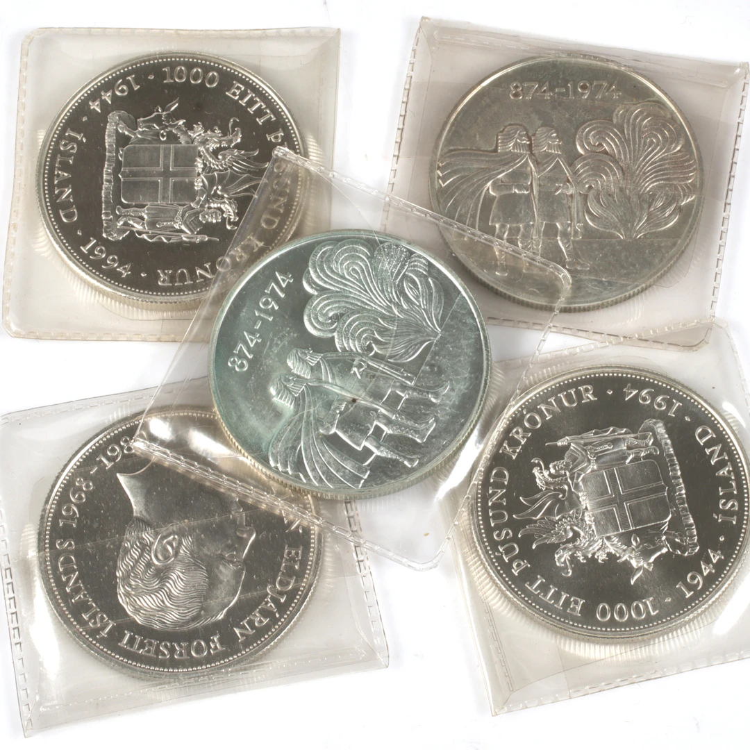 SILVERMYNT. 925/1000, 5 st, 1000 kr, Island. 1900-tal.