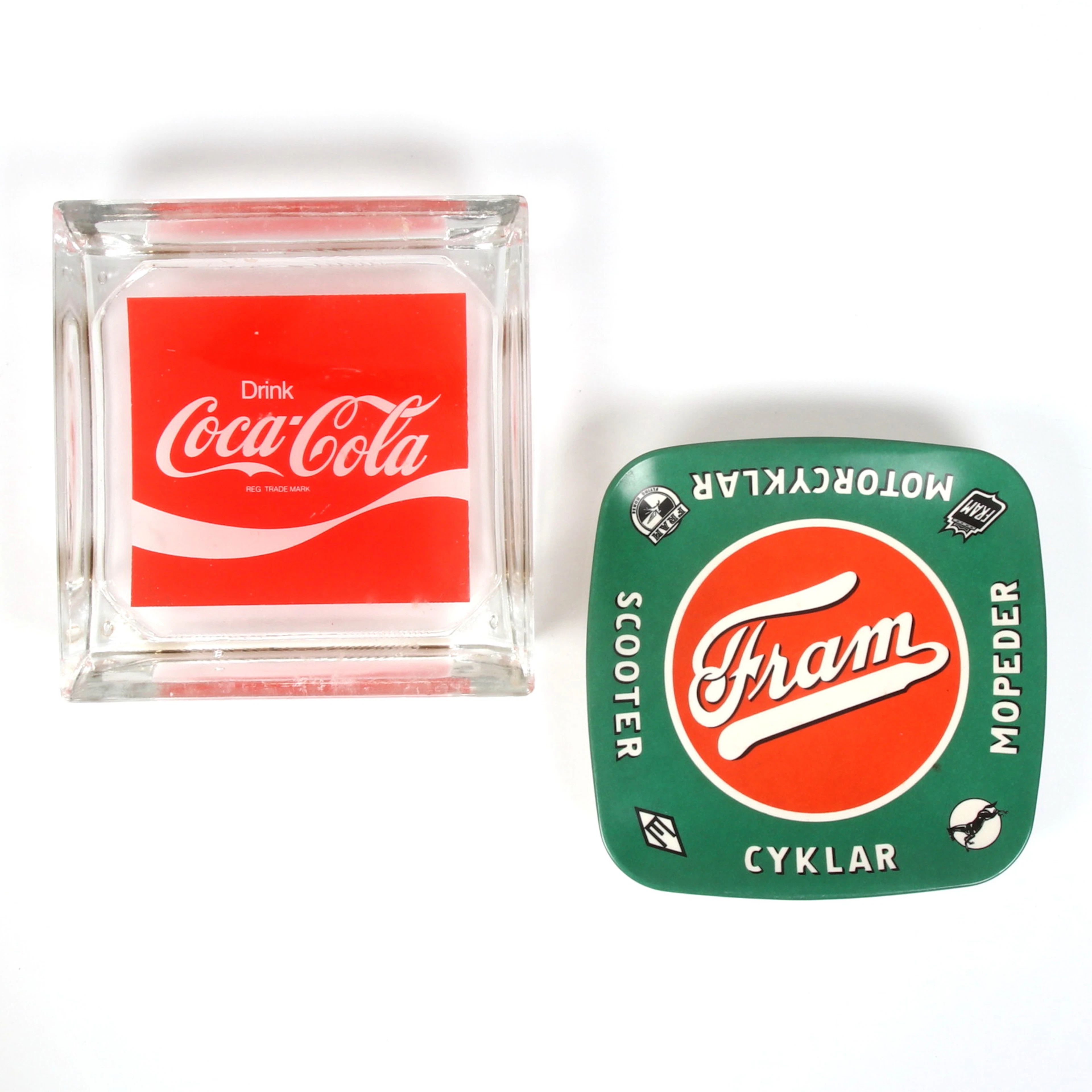 VÄXELFAT, 2 st, glas/plast, Coca Cola & Fram, 1900-tal.