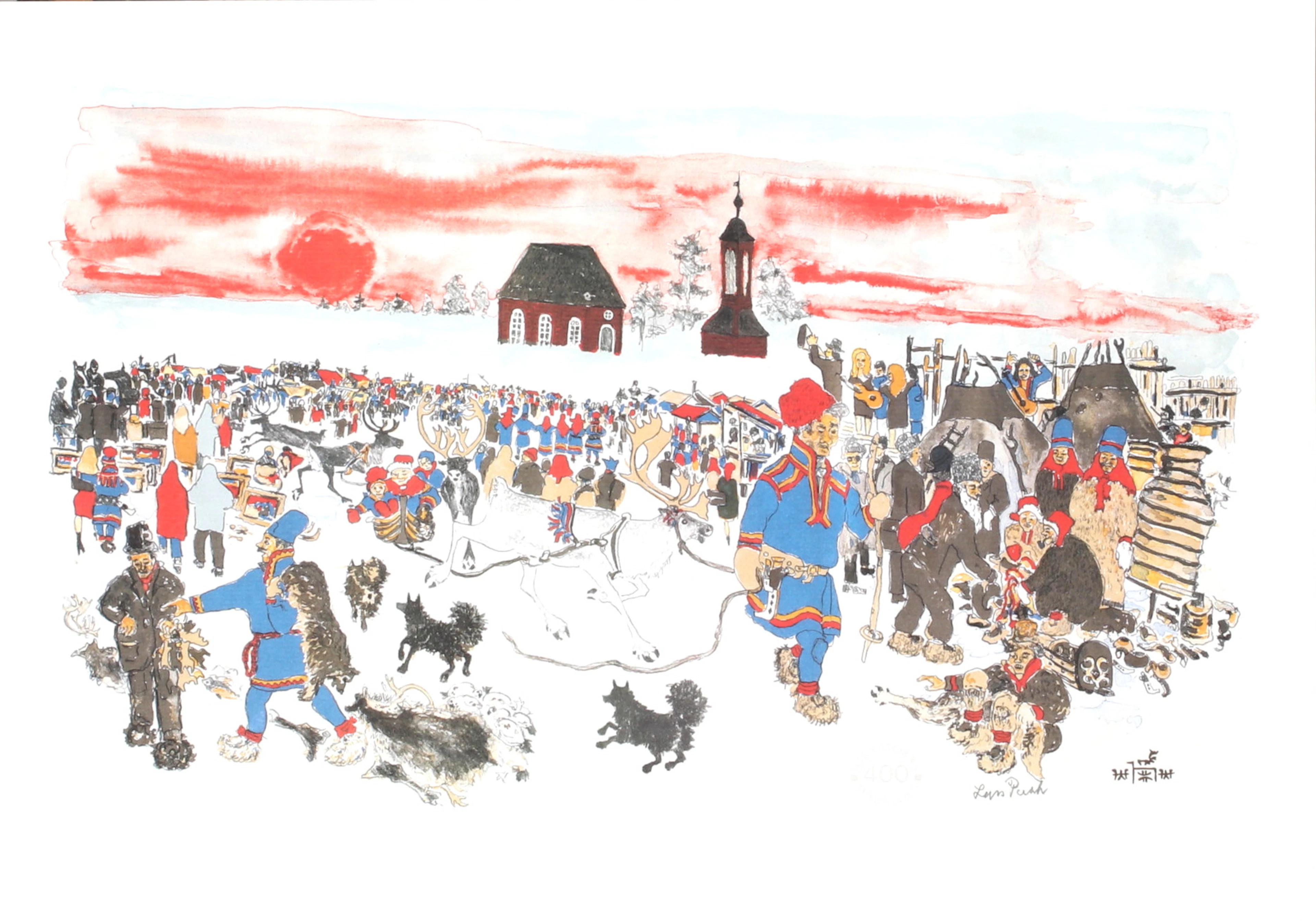 LARS PIRAK. "Jokkmokks marknad 400 år", tryck med stämpel samt signerad