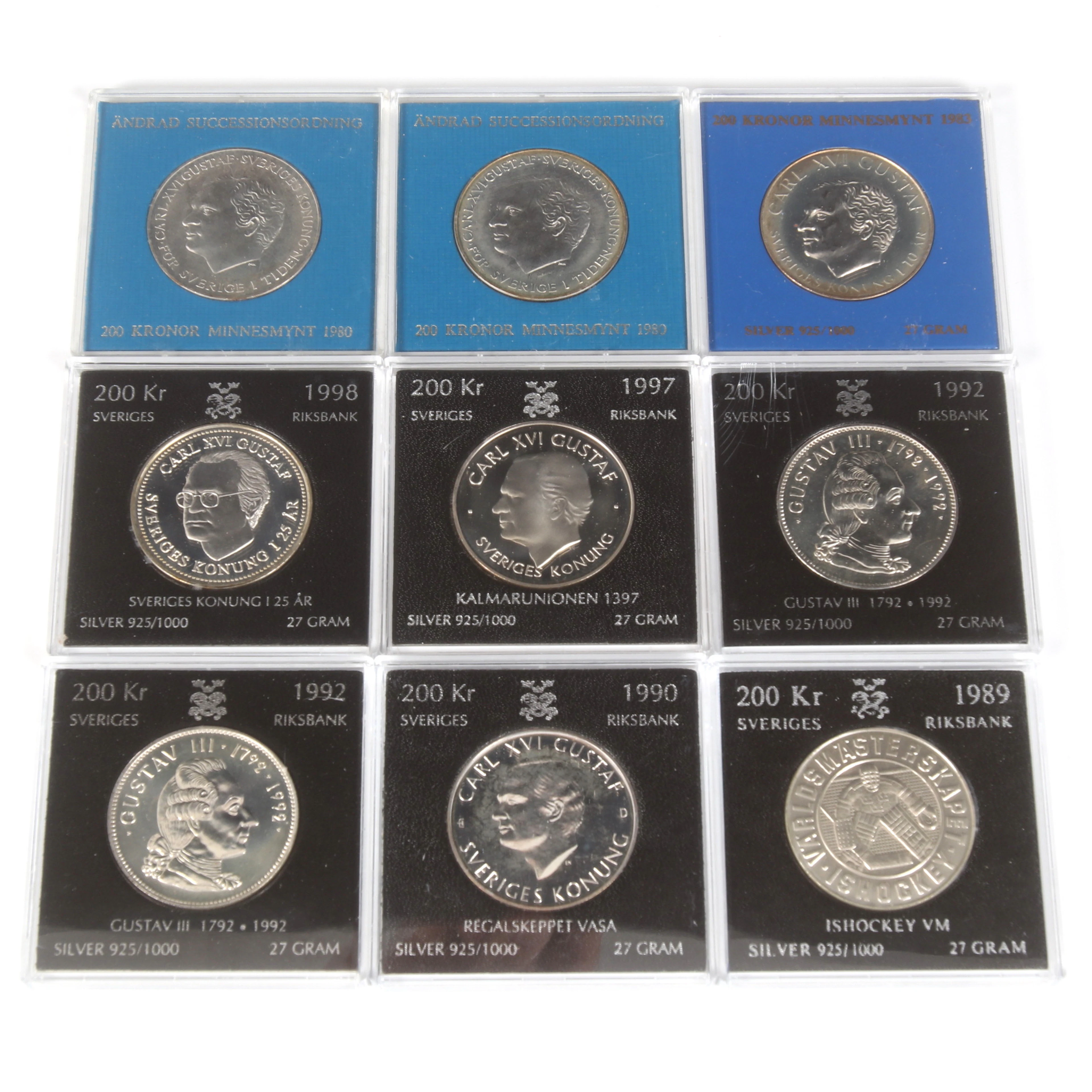 SILVER/MINNESMYNT, 9 st, 200 kr, Sverige. 1976 - 1985.