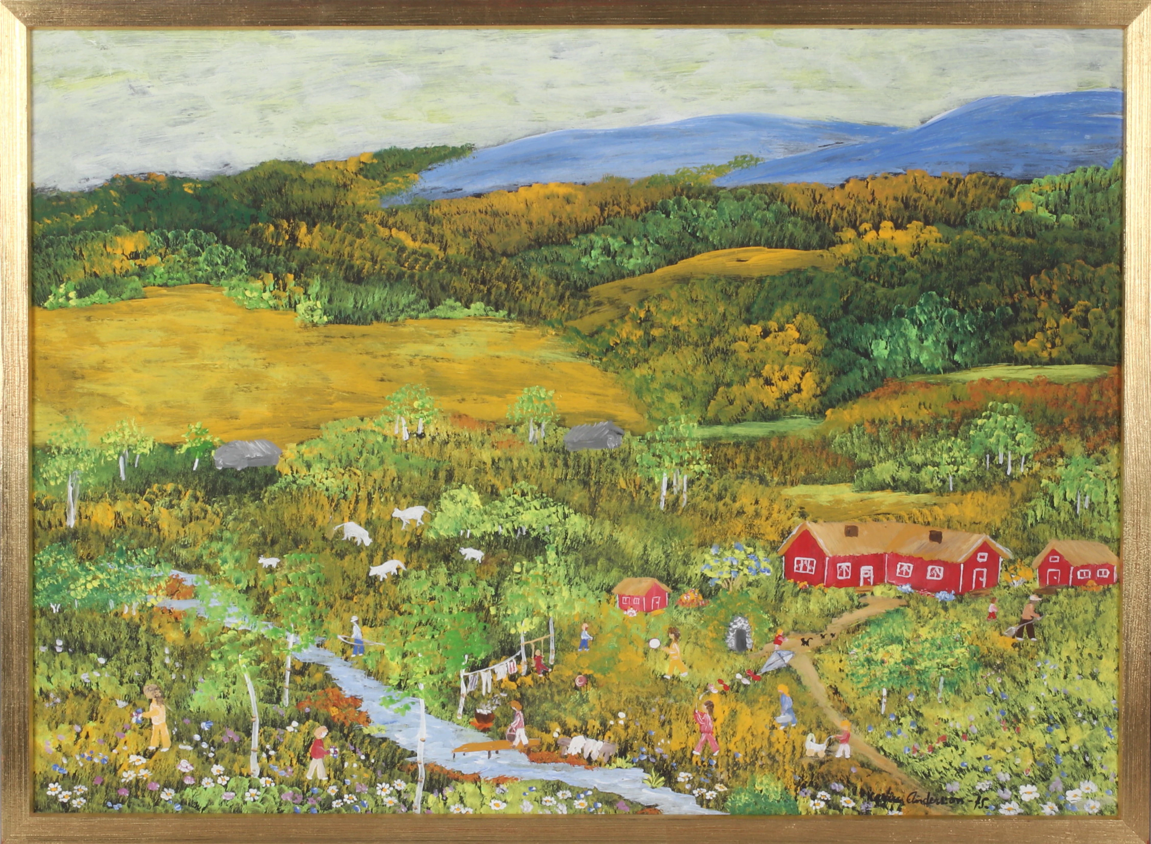 KARIN ANDERSSON. "Livet på landet", gouache på papp, signerad och daterad 75.