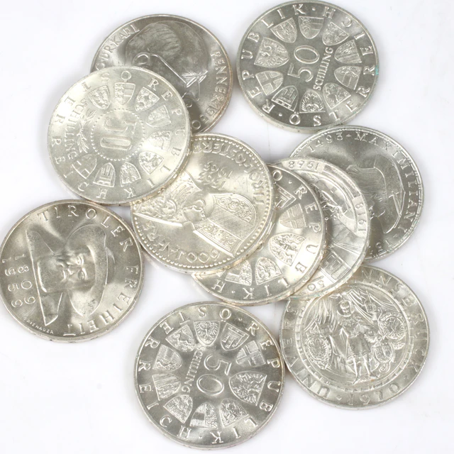 SILVERMYNT. 900/1000, 10 st, 50 Schilling, Österrike. 1900-tal.