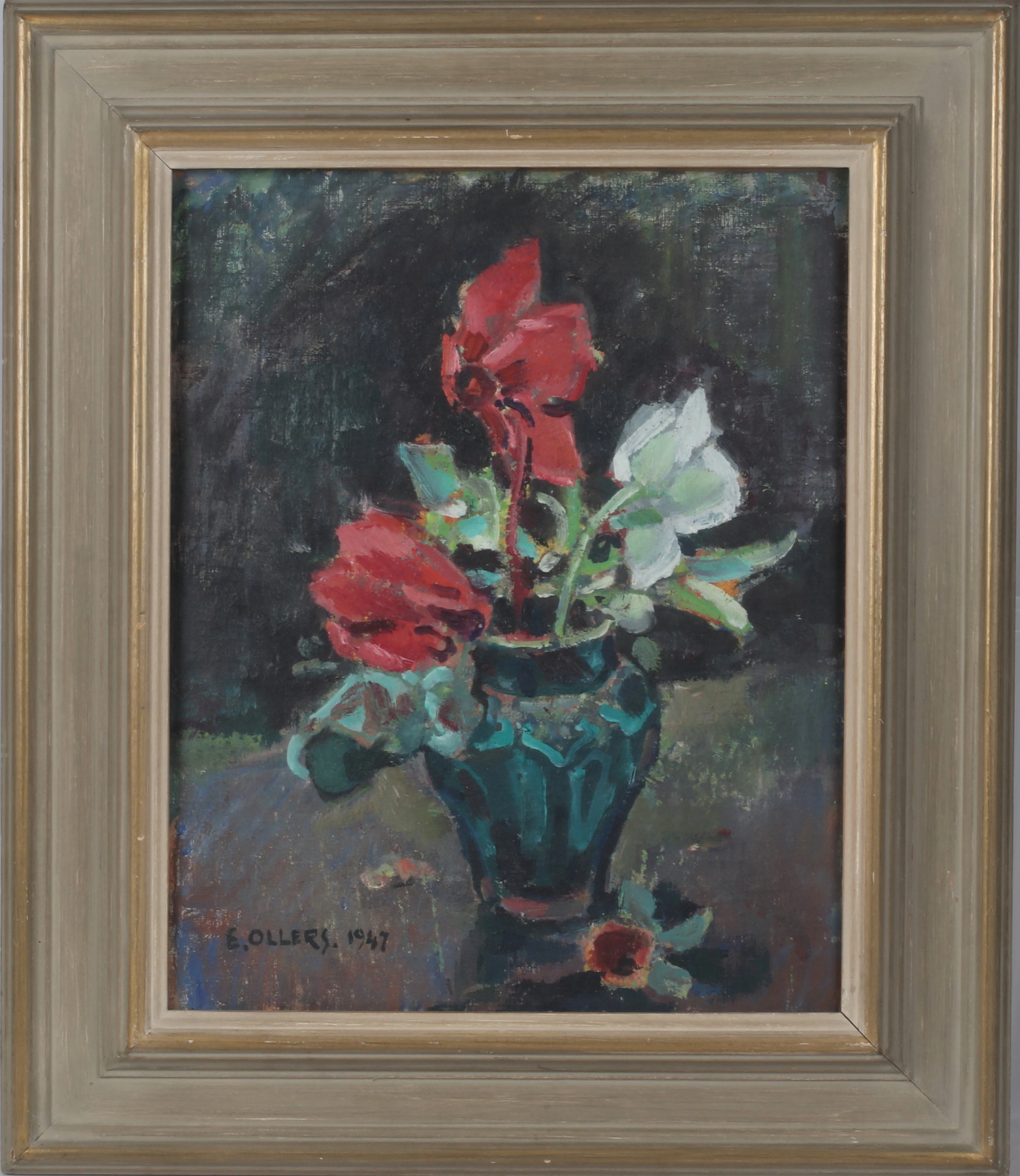 EDVIN OLLERS. Blomsterstilleben, olja på dukpannå, signerad och daterad 1947.