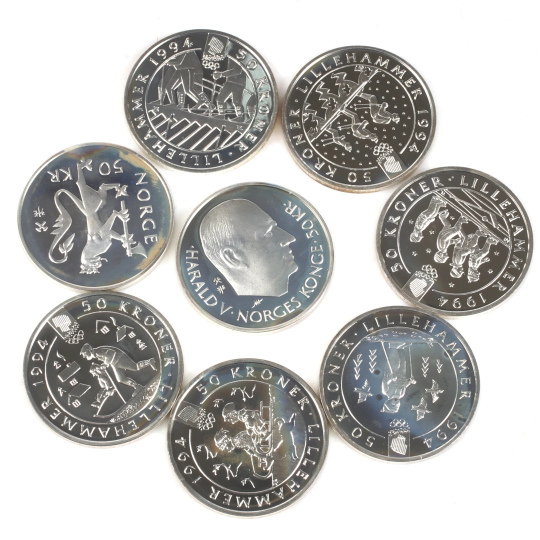 SILVERMYNT. 925/1000, 8 st, 50 kr, Norge. 1991-95.