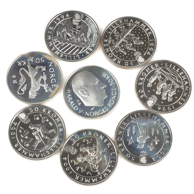 SILVERMYNT. 925/1000, 8 st, 50 kr, Norge. 1991-95.