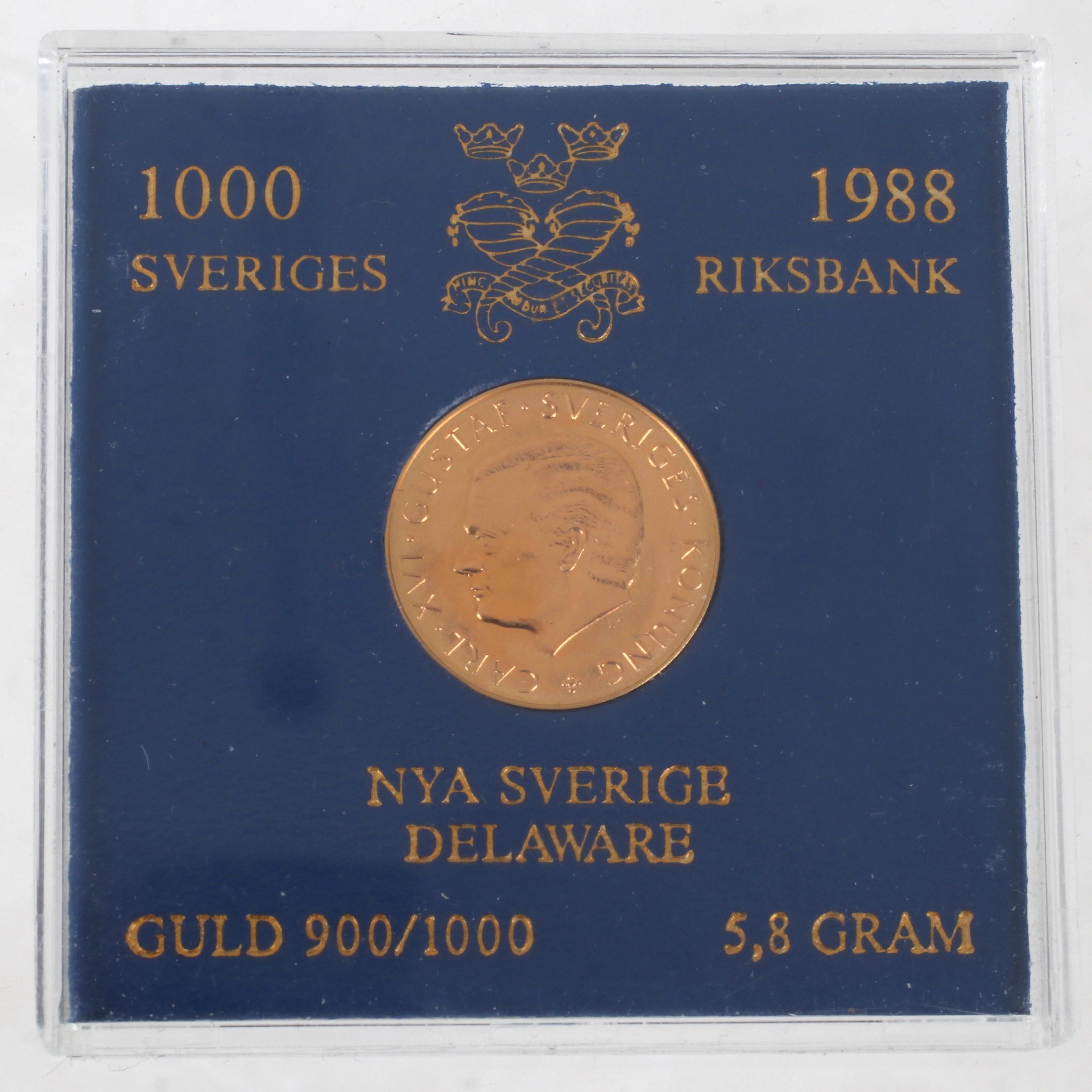 GULDMYNT, 21,6k guld, "Nya Sverige Delaware", Carl XVI Gustaf. 1988.