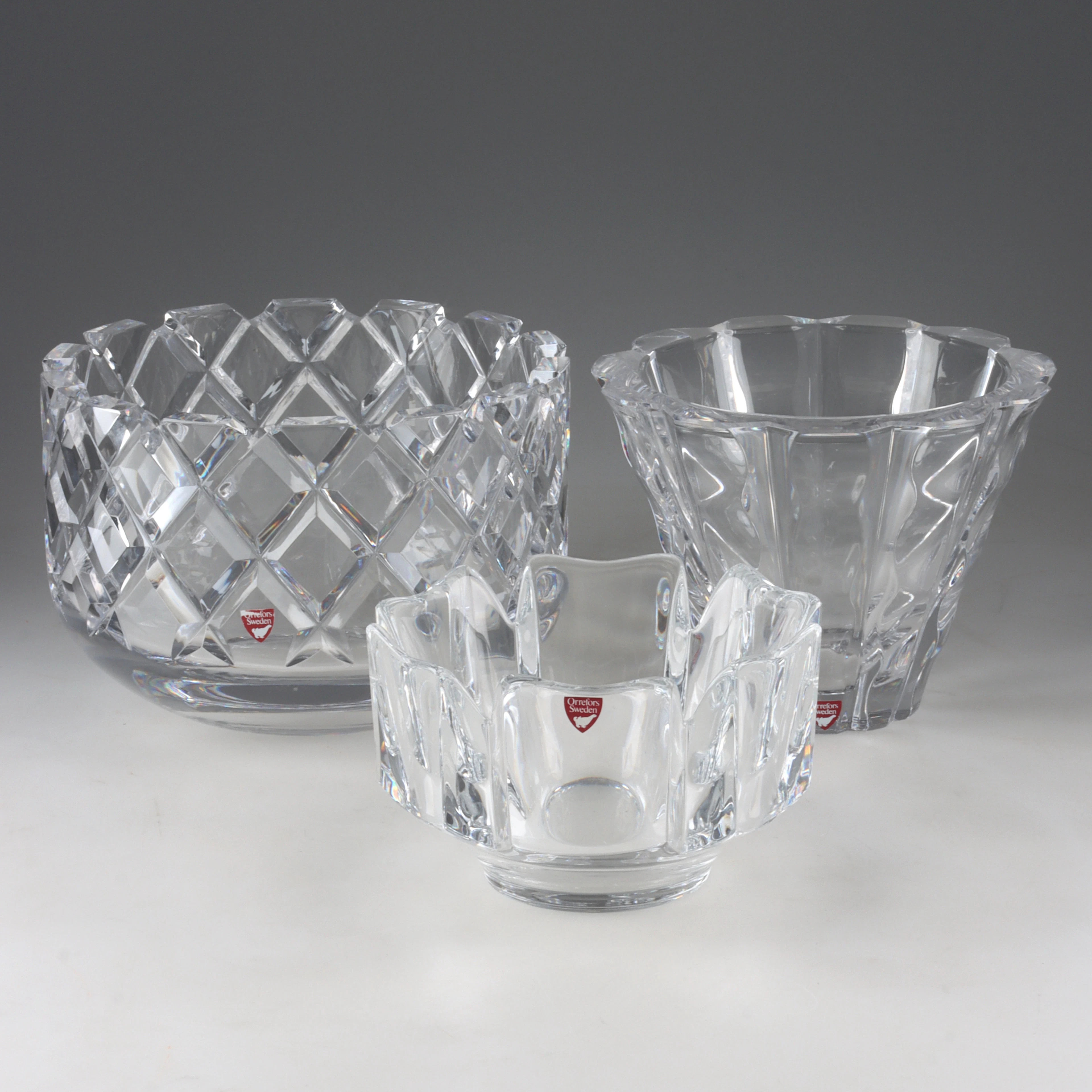 SKÅLAR, 3 st, glas. Gunnar Cyrén, Ingeborg Lundin, Lars Hellsten. Orrefors.