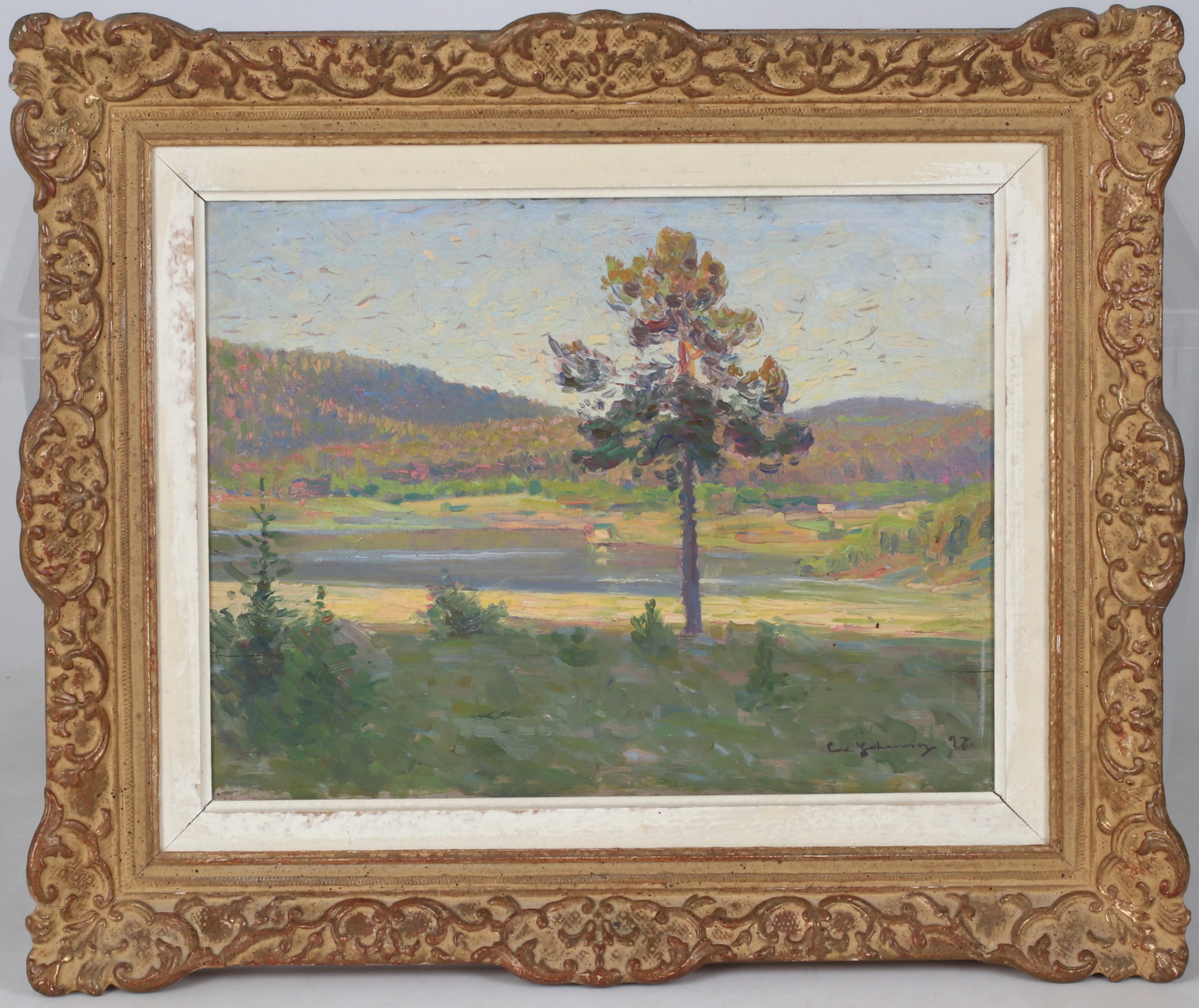 CARL JOHANSSON. Landskap med hus, olja på pannå, signerad.
