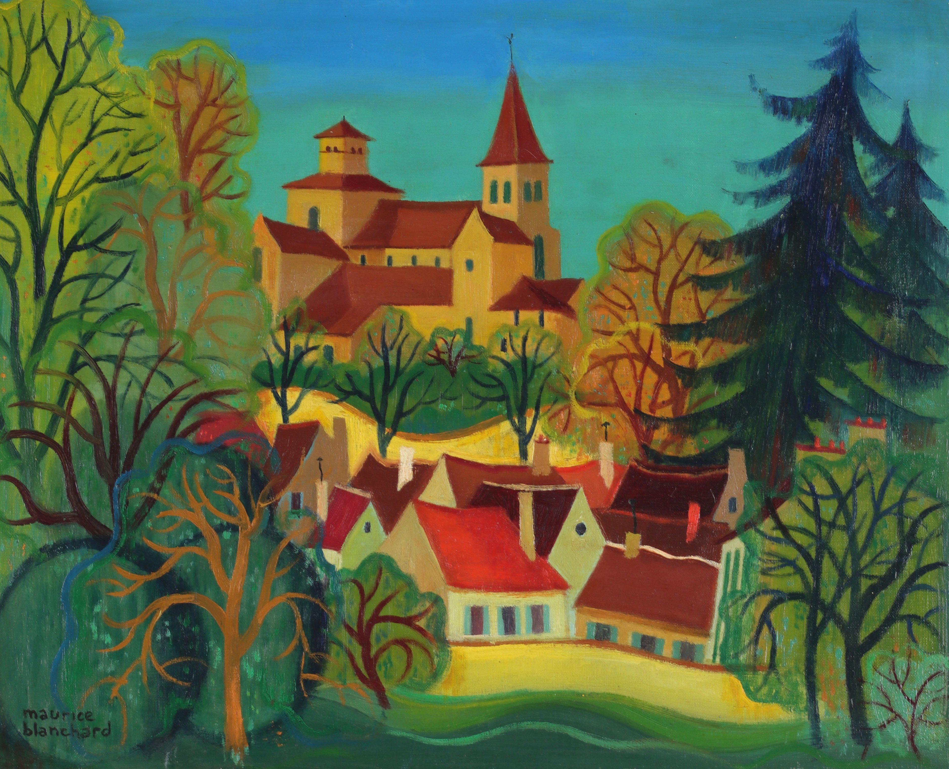 MAURICE BLANCHARD. "Eglises Vorles Côte-d'Or" olja på duk, signerad.