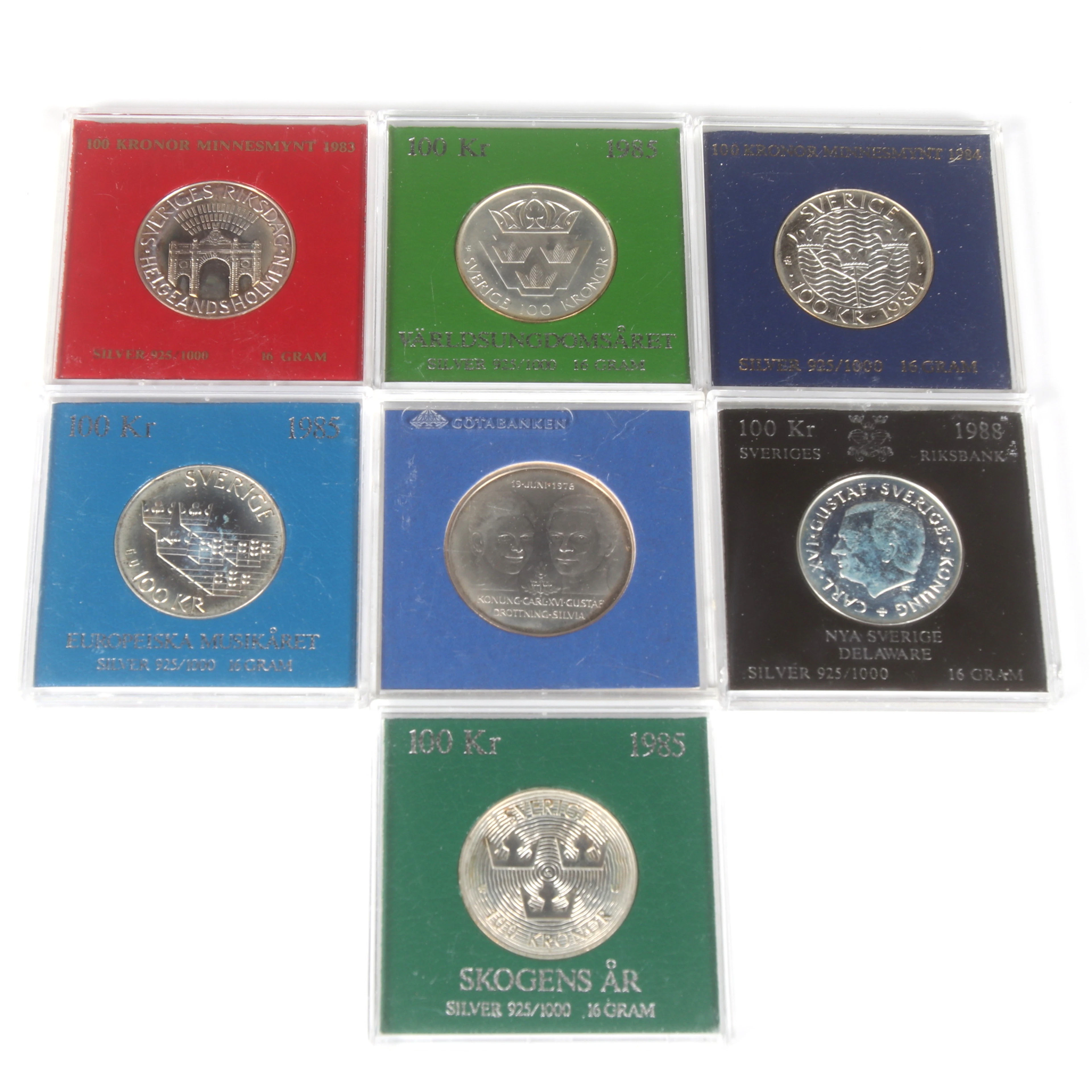 SILVER/MINNESMYNT, 7 st. 50 och 100 kr, Sverige. 1976 - 1985.