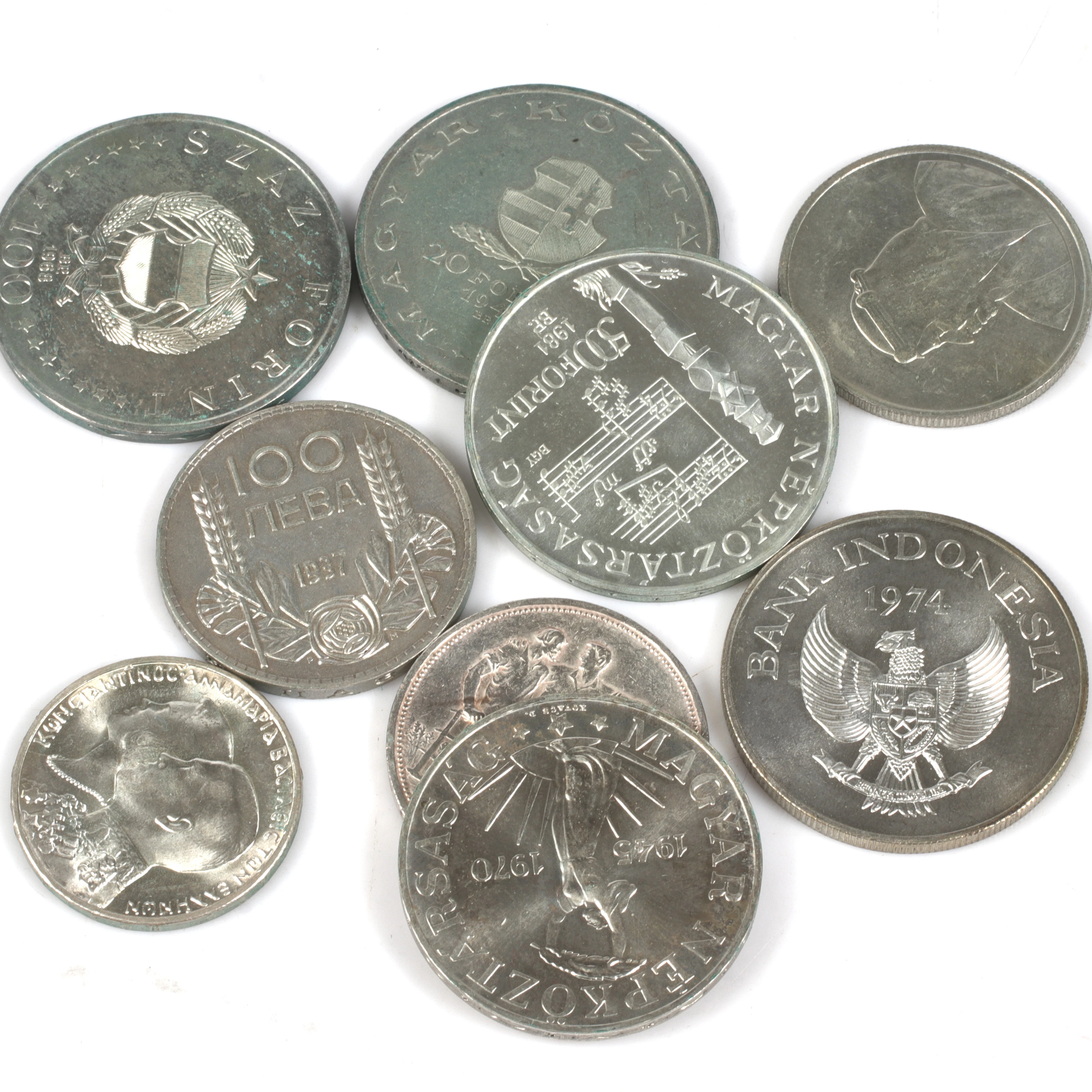 SILVERMYNT. 9 st. bl.a. 500 Forint, Ungern. 1900-tal.