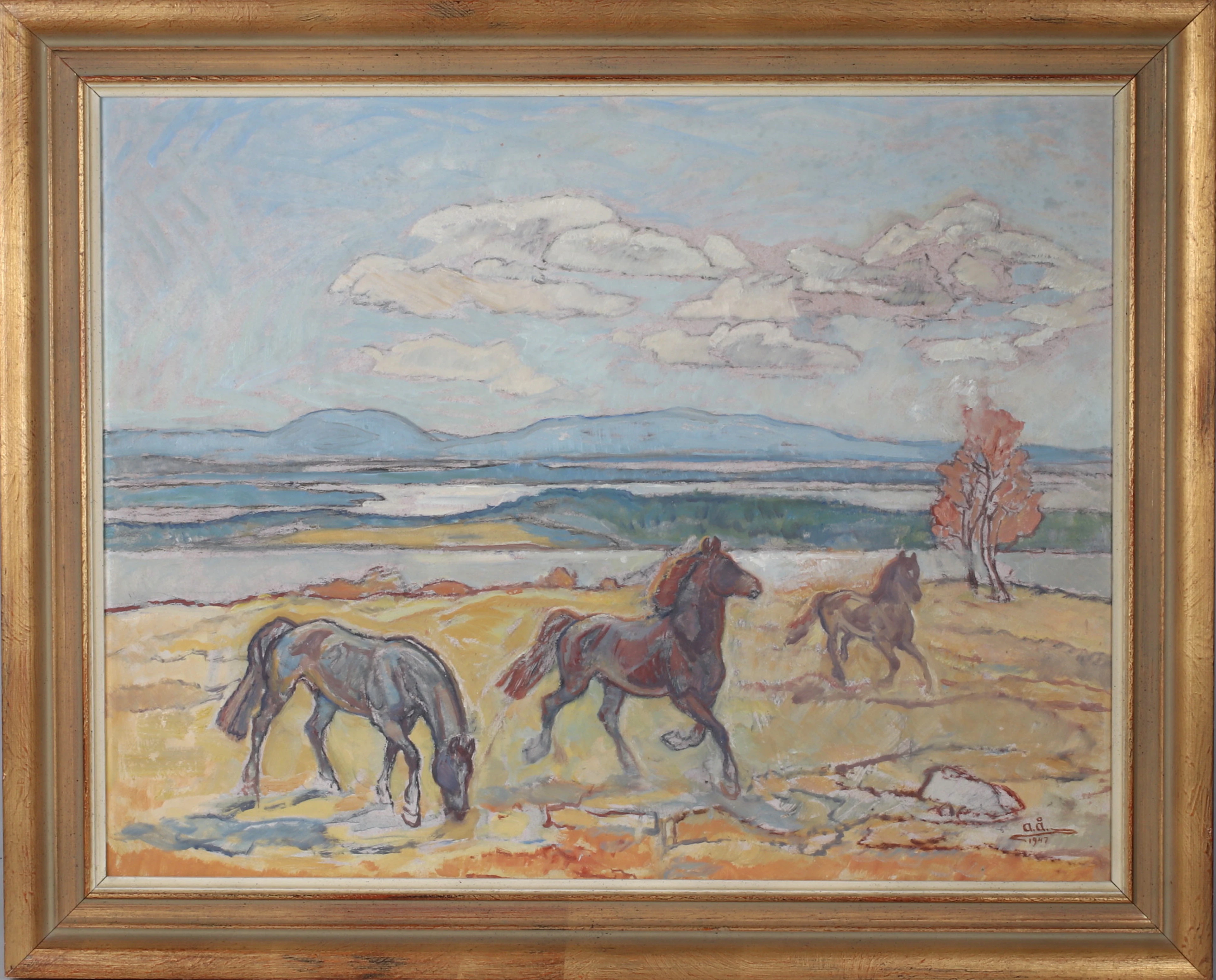 ACKE ÅSLUND. Hästar i landskap, olja på pannå, monogramsignerad och