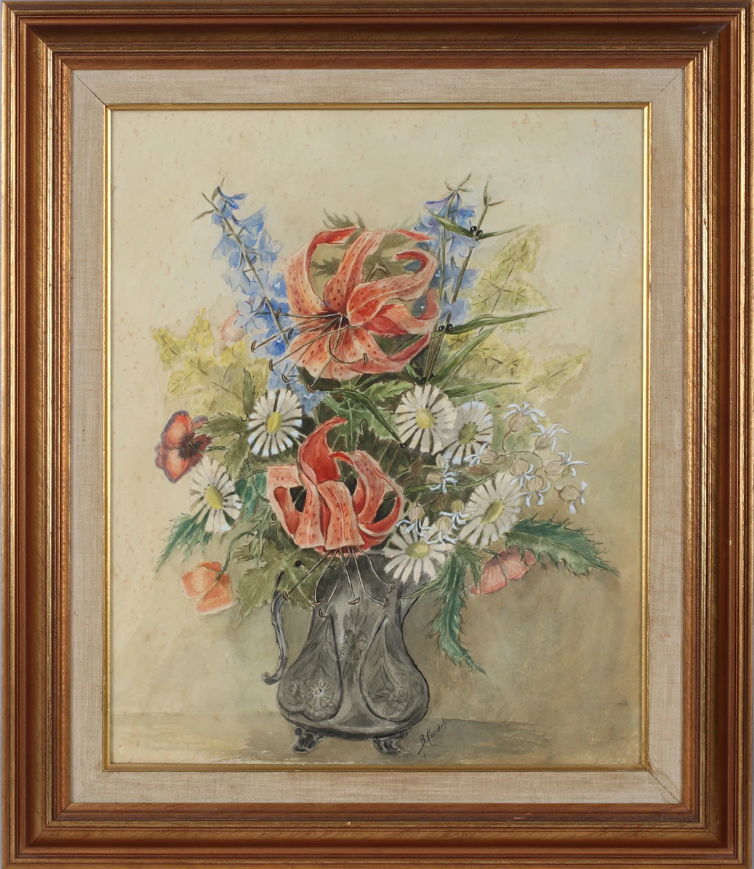 OIDENTIFIERAD KONSTNÄR. Blomsterstilleben, akvarell på papper, signerad