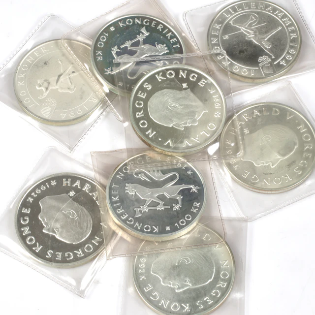SILVERMYNT. 925/1000, 8 st, 100 kr, Norge. 1990-tal.