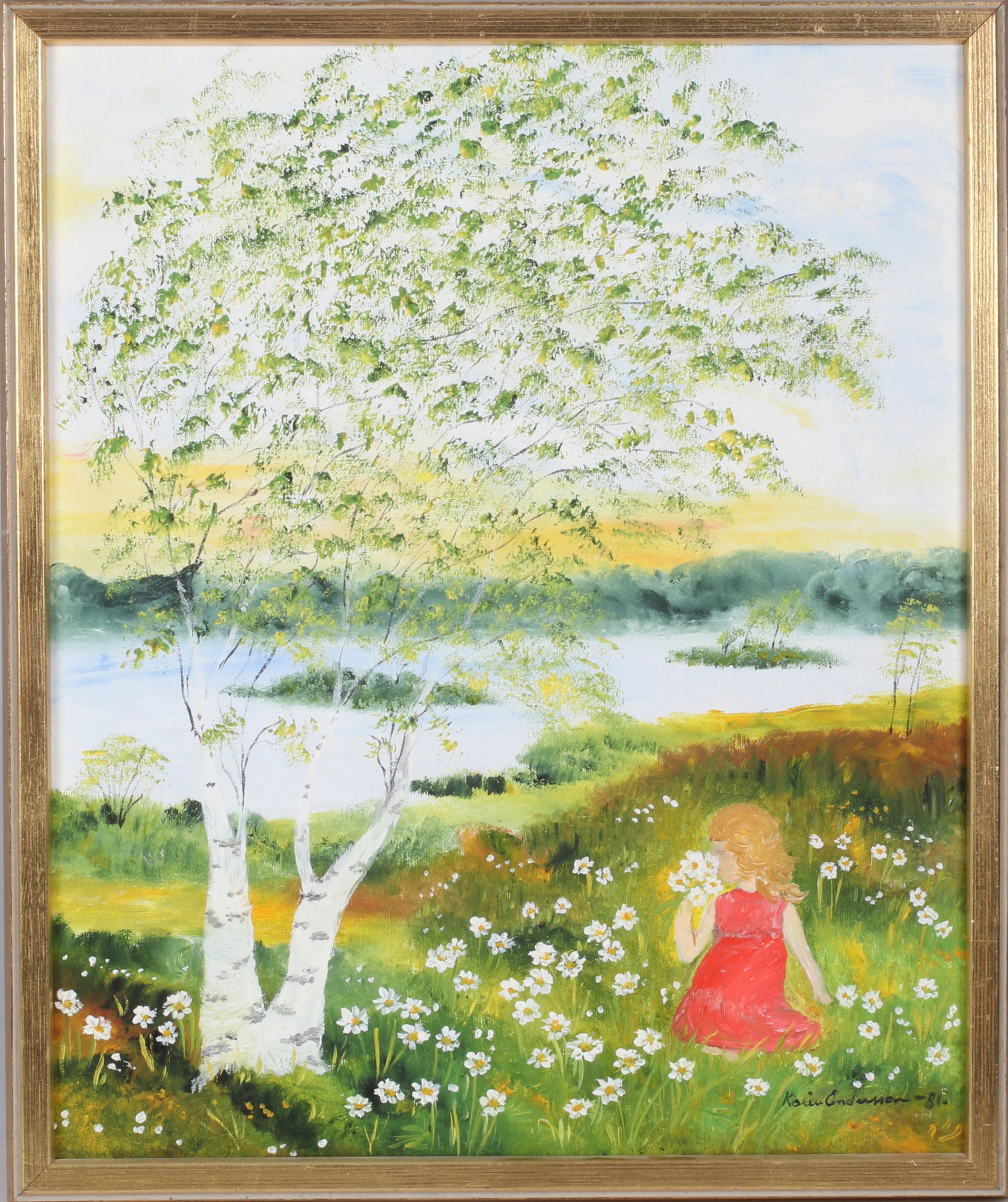 KARIN ANDERSSON. Flicka på blomsteräng, olja på duk, signerad och daterad -81.