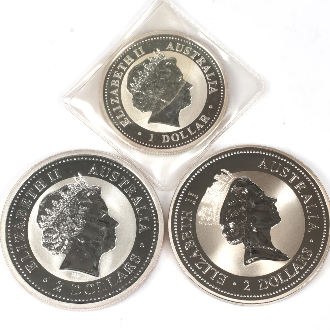 SILVERMYNT. 999/1000, 3 st, 1 och 2 Dollar, Australien. 19/2000-tal.
