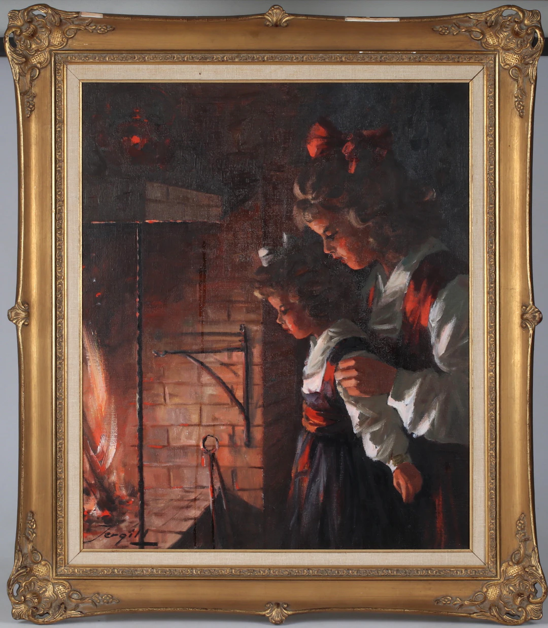 TORALF JERGILL. "Barn vid brasa, olja på duk, signerad.