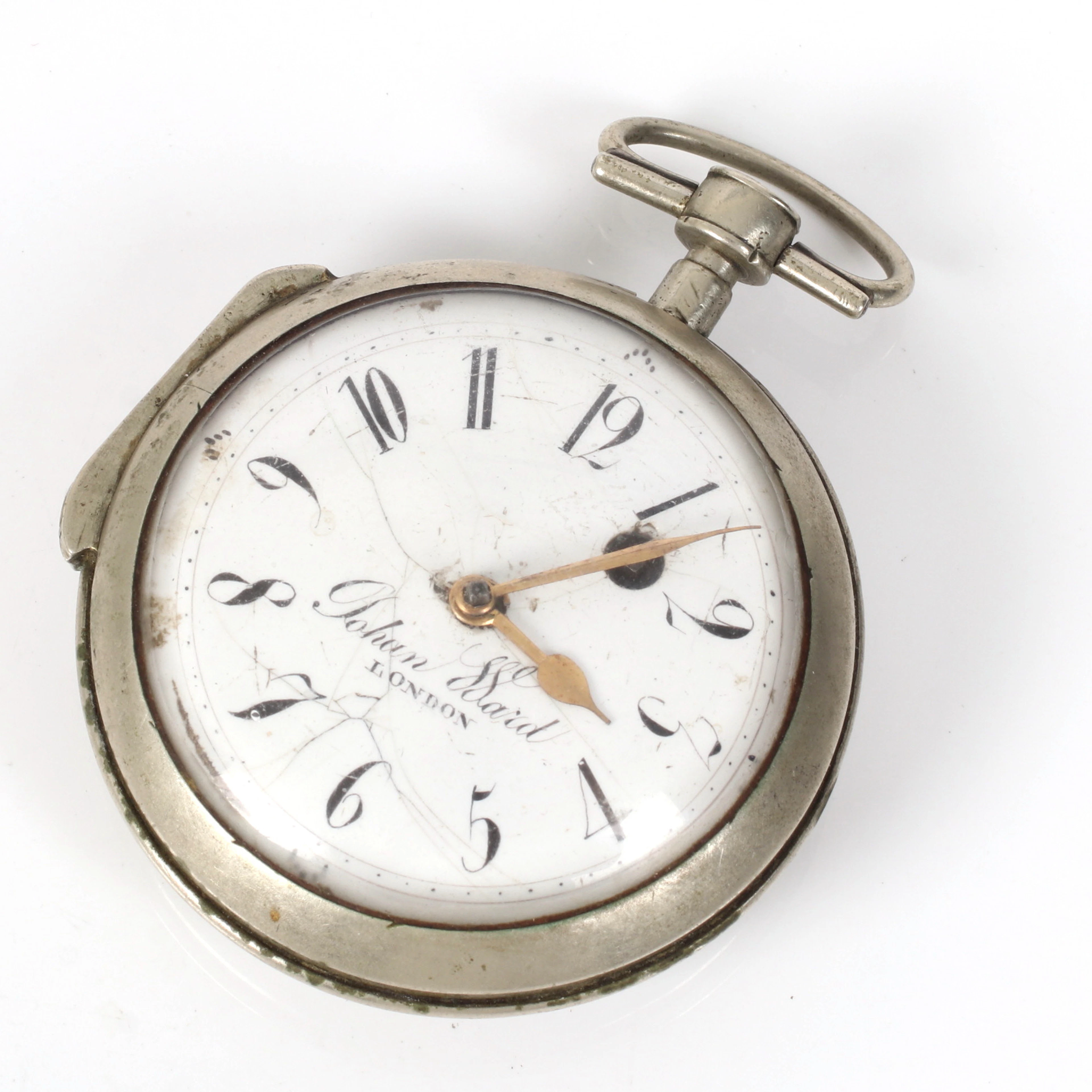FICKUR, vitmetall, nyckeldragare, spindelur, "John Ward", London. 1800-tal.