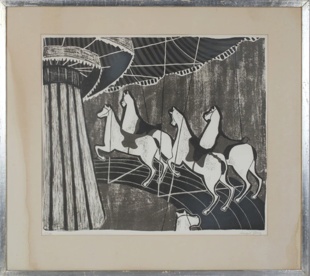 MARGIT LJUNG. Karusellhästar, träsnitt, signerad och numrerad 11/150.