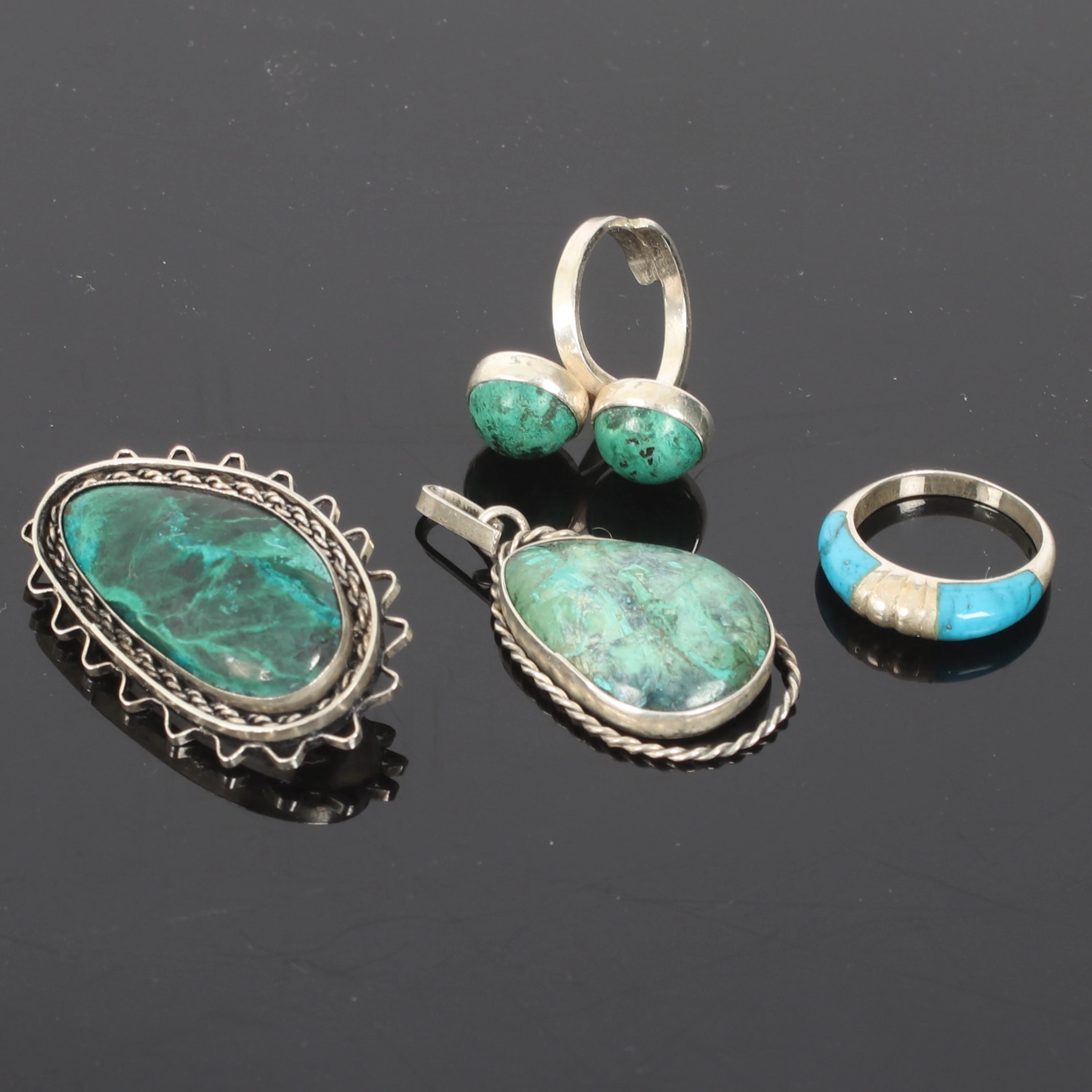 BROSCH, HÄNGE och RINGAR, 4 delar, Sterling silver, med turkoser