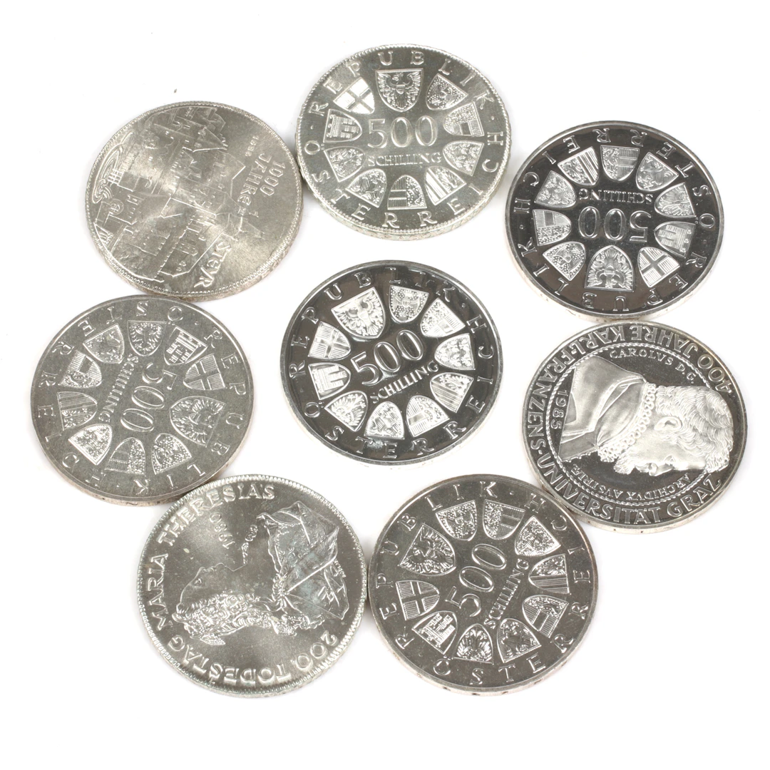 SILVERMYNT. 8 st, 500 Schilling, Österrike. 1900-tal.