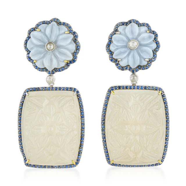 Hand Carved Moonstone and Blue Peruvian Opal Flower Sapphire and Diamond