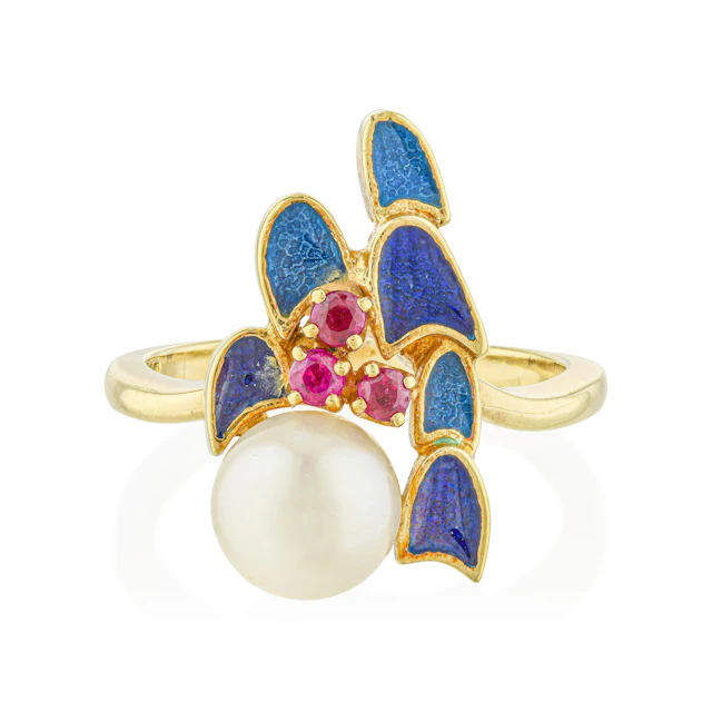 Mikimoto Pearl Ruby and Blue Enamel Ring