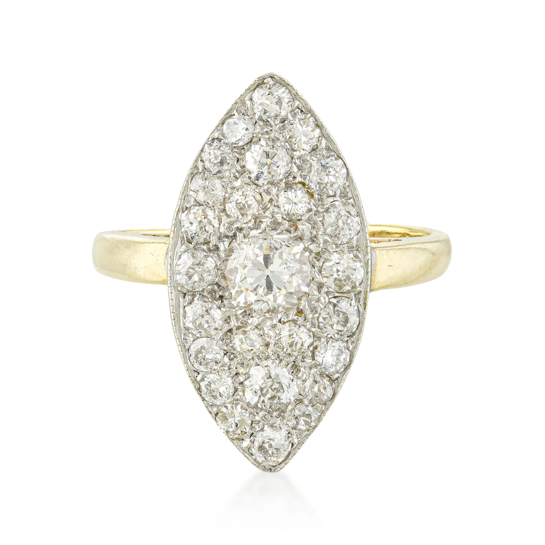 Vintage Navette Old European Cut Diamond Cluster Ring