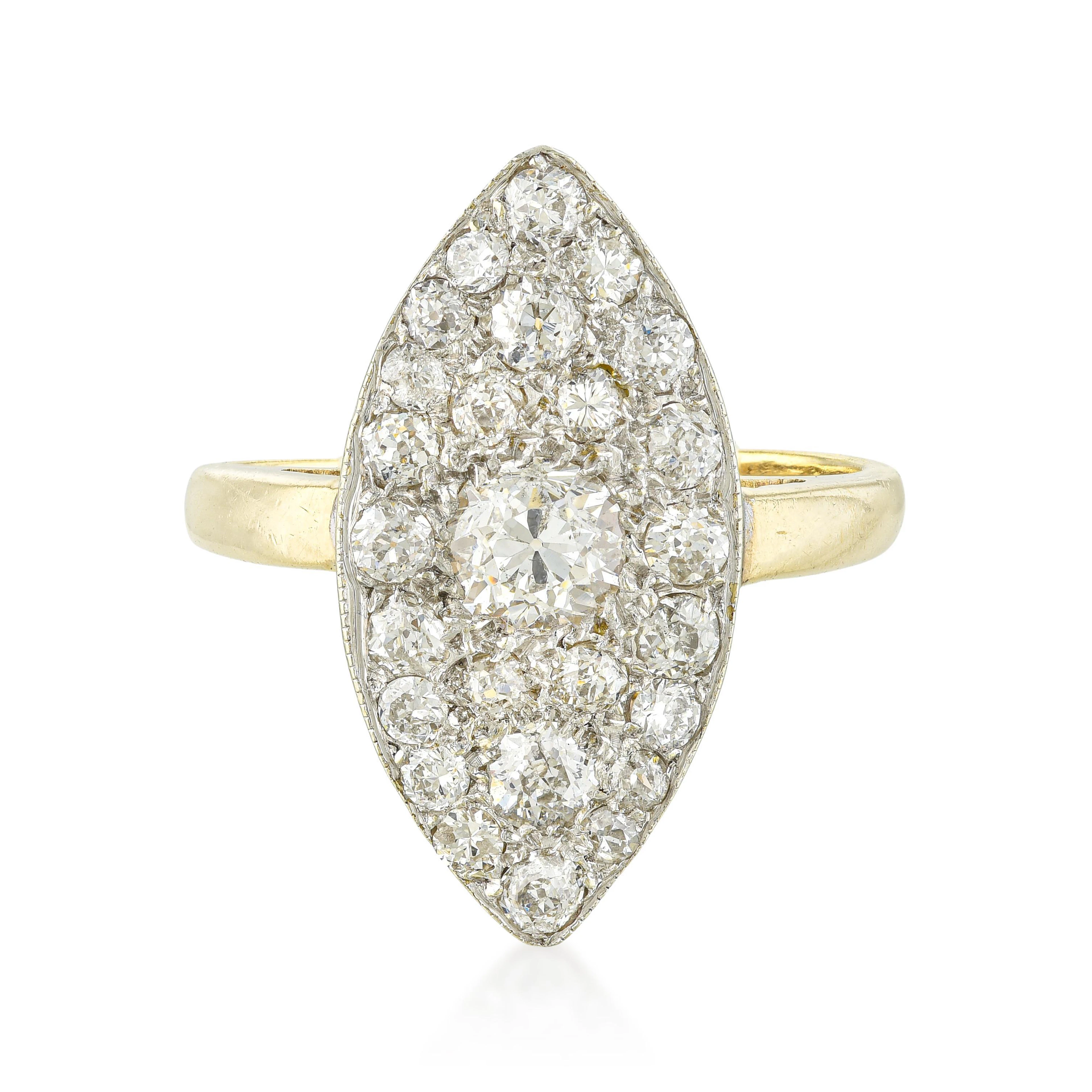 Vintage Navette Old European Cut Diamond Cluster Ring