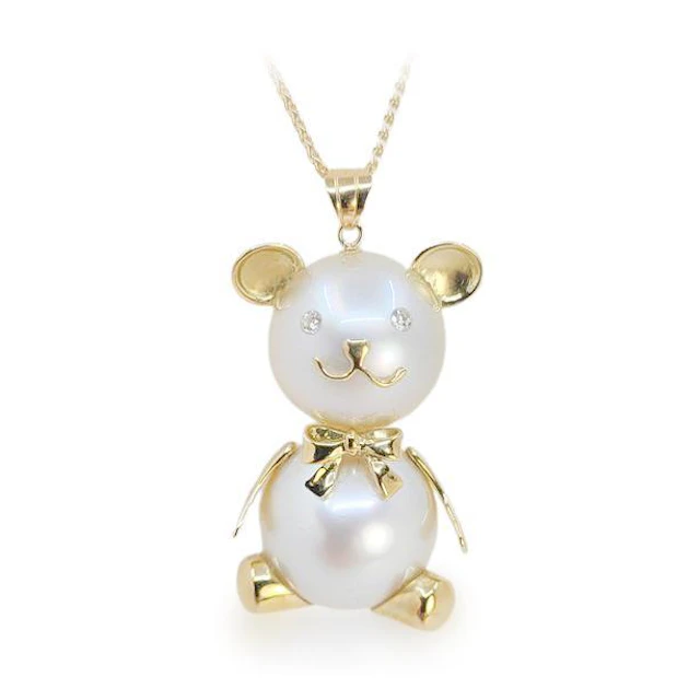 South Sea Pearl Bear Pendant Necklace with Diamonds