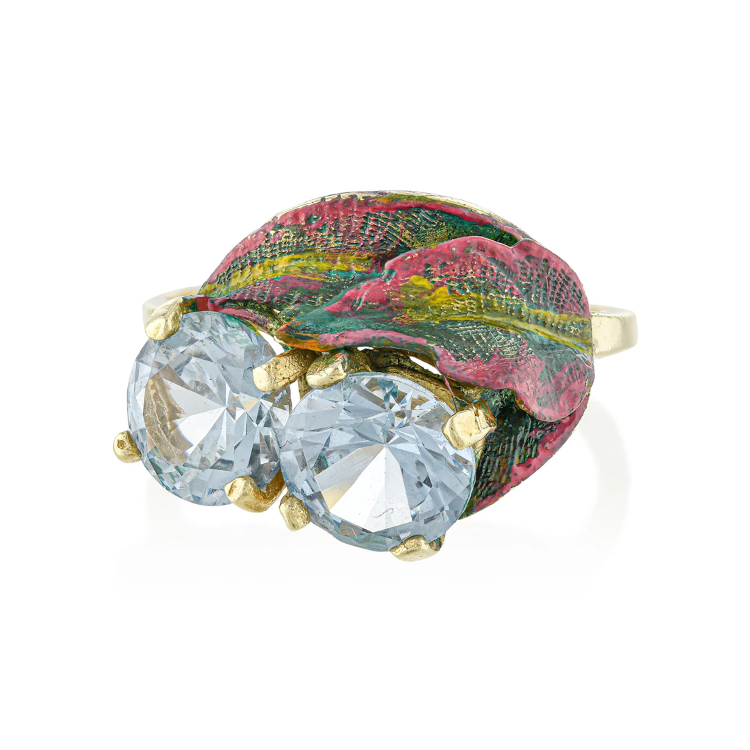 Vintage Leaf Aquamarine and Enamel Ring
