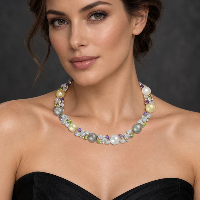 Pearl Moonstone Peridot Amethyst and Diamond Necklace